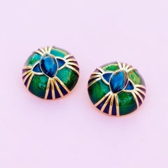 Peacock Green Enamel Domed Art Deco Snake Eyes Earrings by Joan Rivers, 1990s