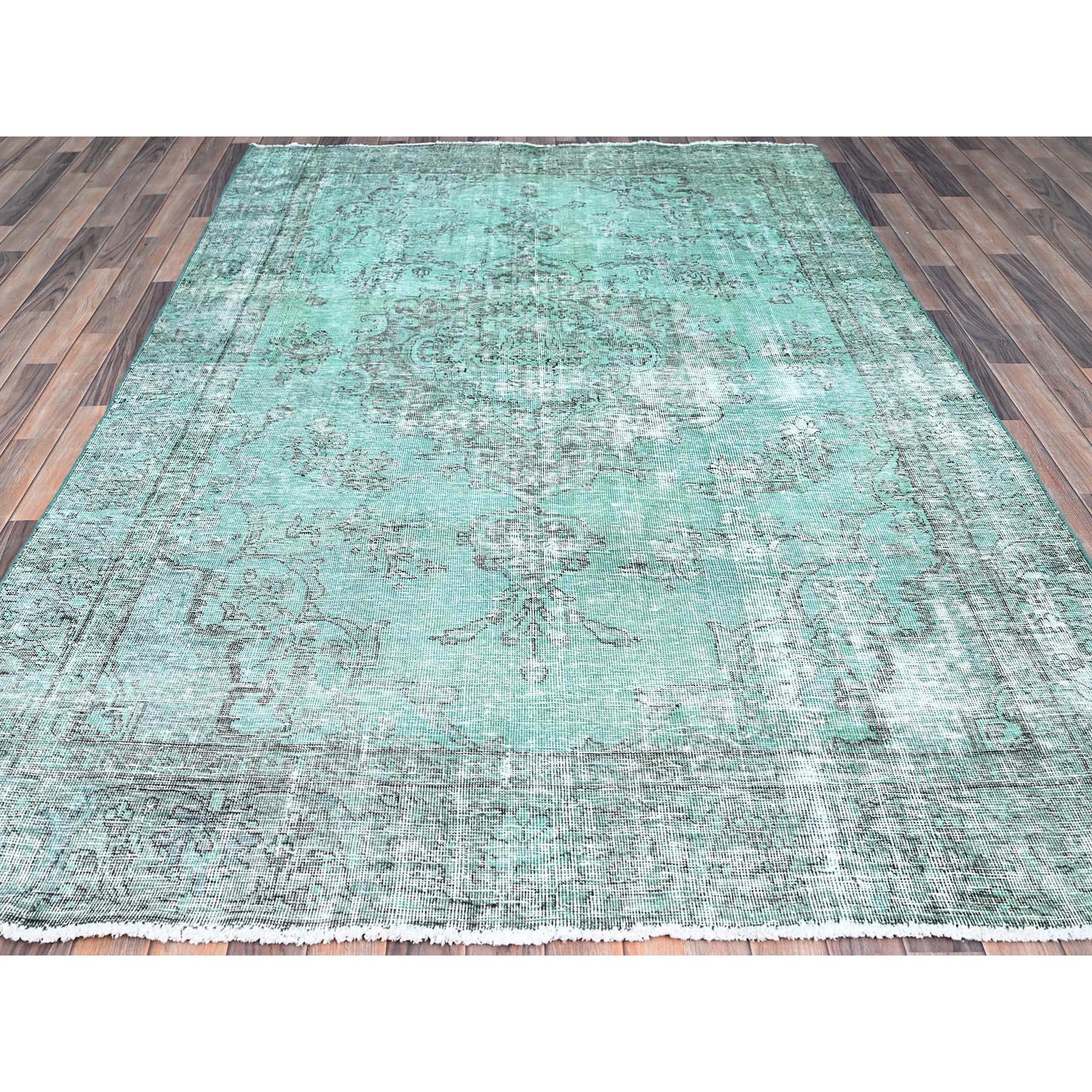 Hand-Knotted Peacock Green Wool Hand Knotted Overdyed Old Persian Tabriz Worn Down Clean Rug For Sale