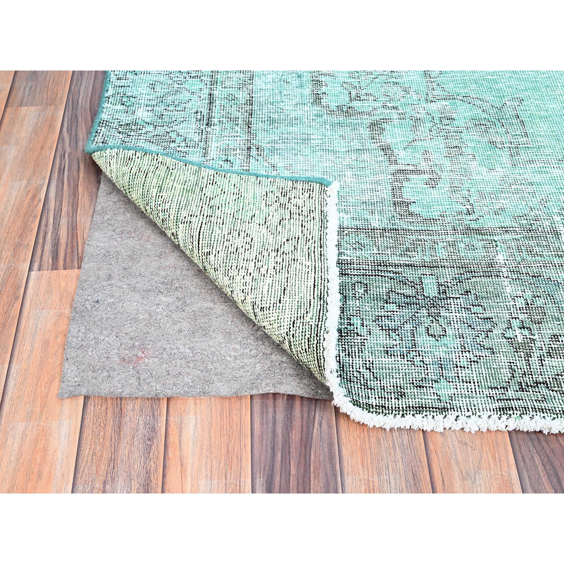 Mid-20th Century Peacock Green Wool Hand Knotted Overdyed Old Persian Tabriz Worn Down Clean Rug For Sale