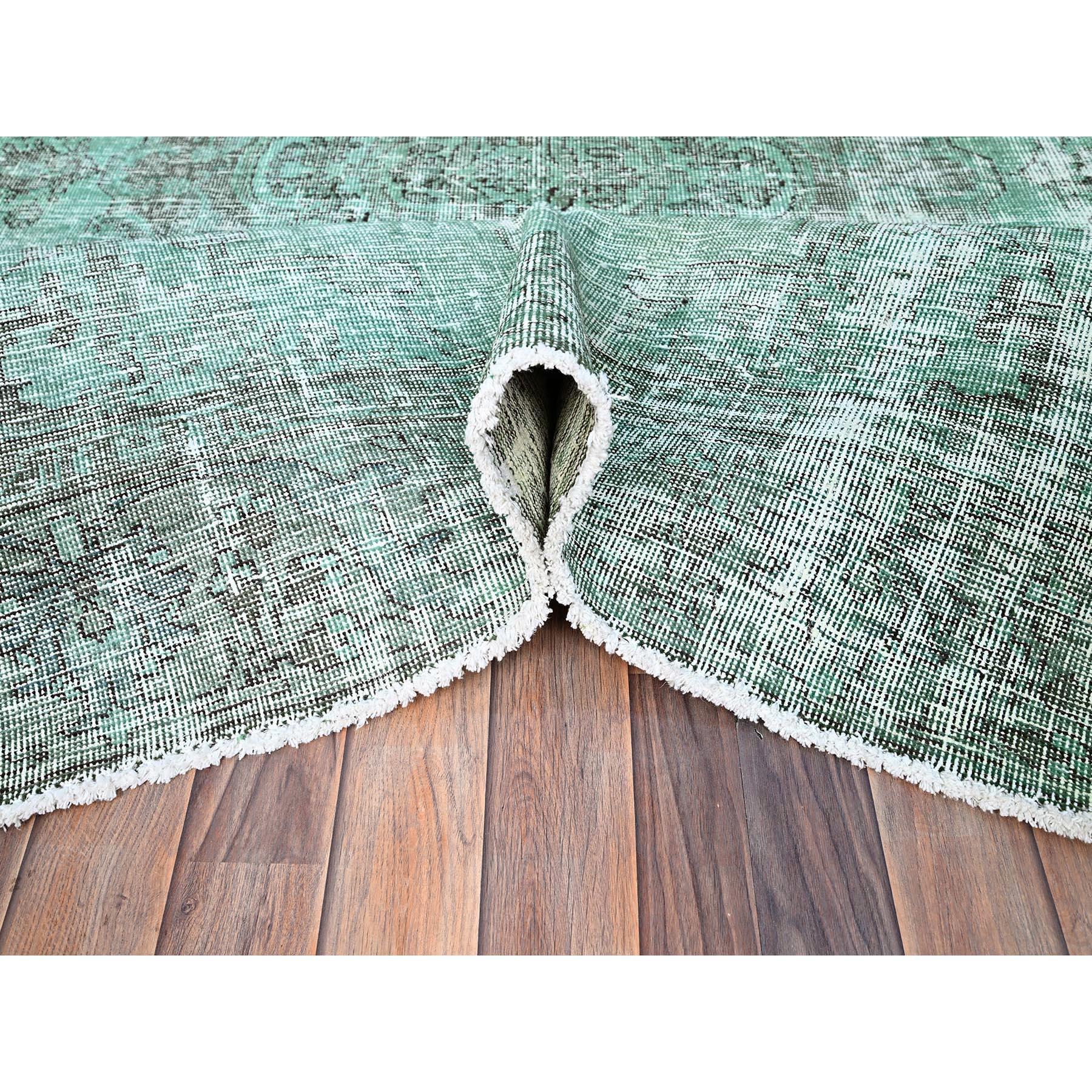 Peacock Green Wool Hand Knotted Overdyed Old Persian Tabriz Worn Down Clean Rug For Sale 1
