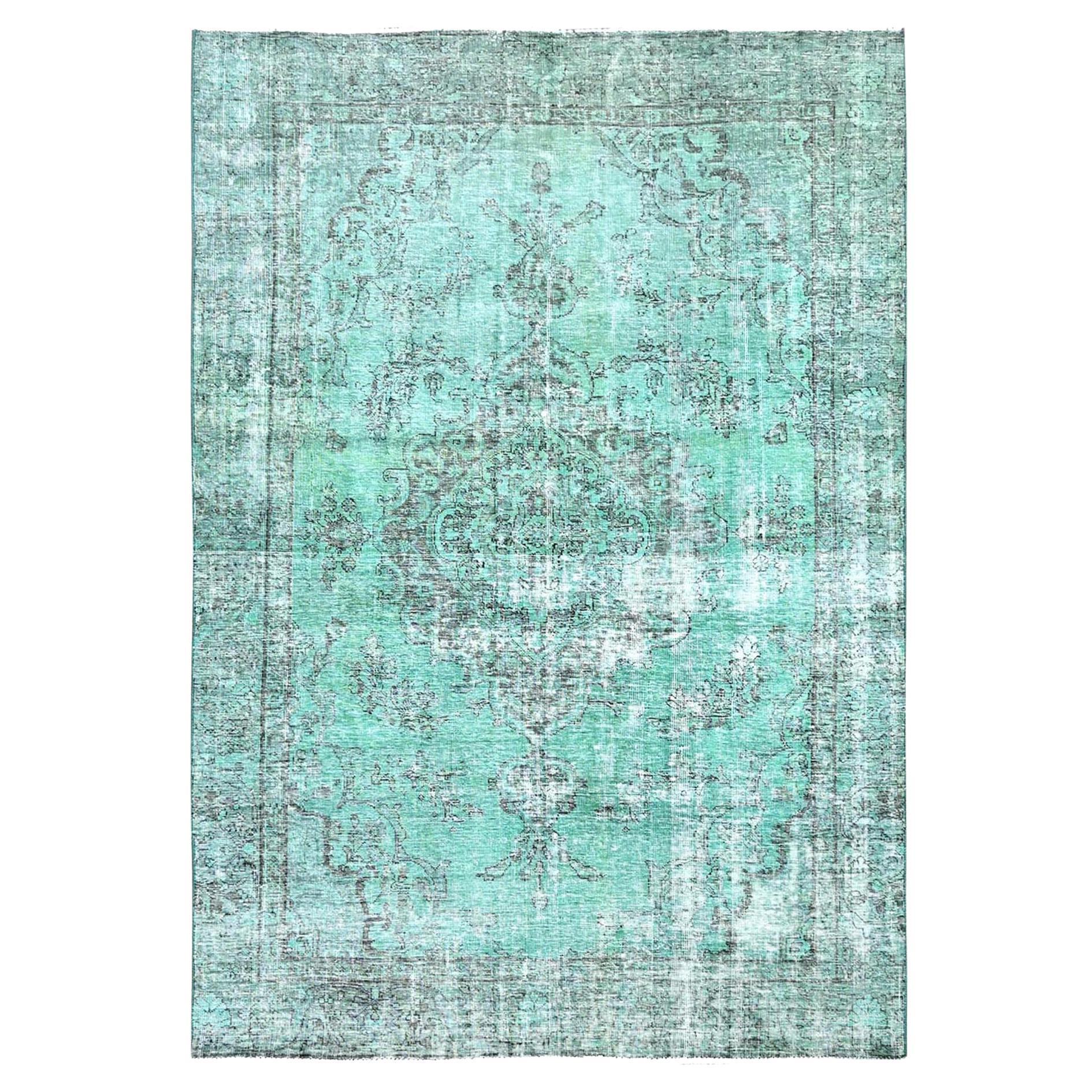 Peacock Green Wool Hand Knotted Overdyed Old Persian Tabriz Worn Down Clean Rug