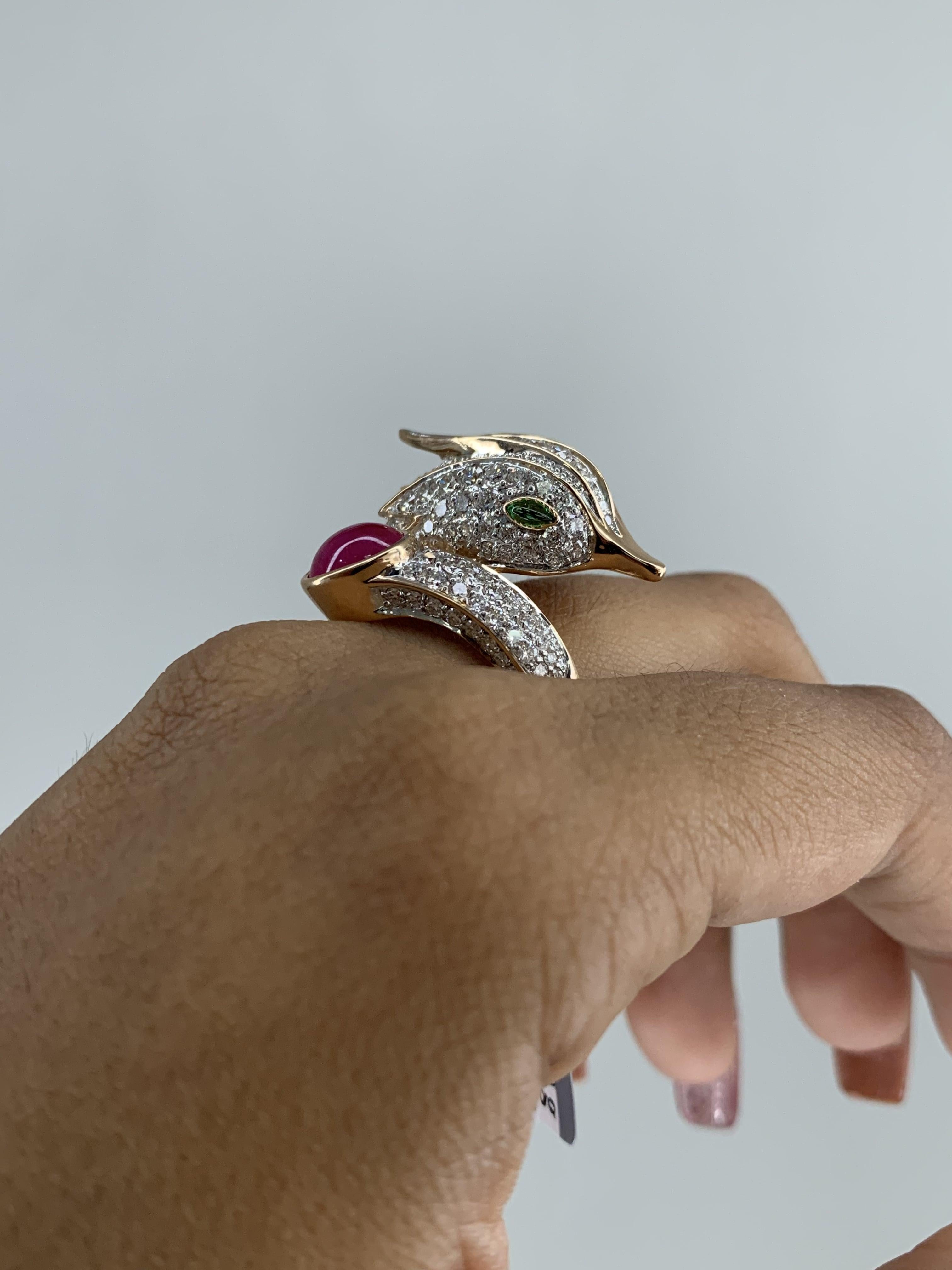 Peacock Inspired 18K Gold Statement Ring with Diamonds and 1.96 Ct Ruby Cabochon 5