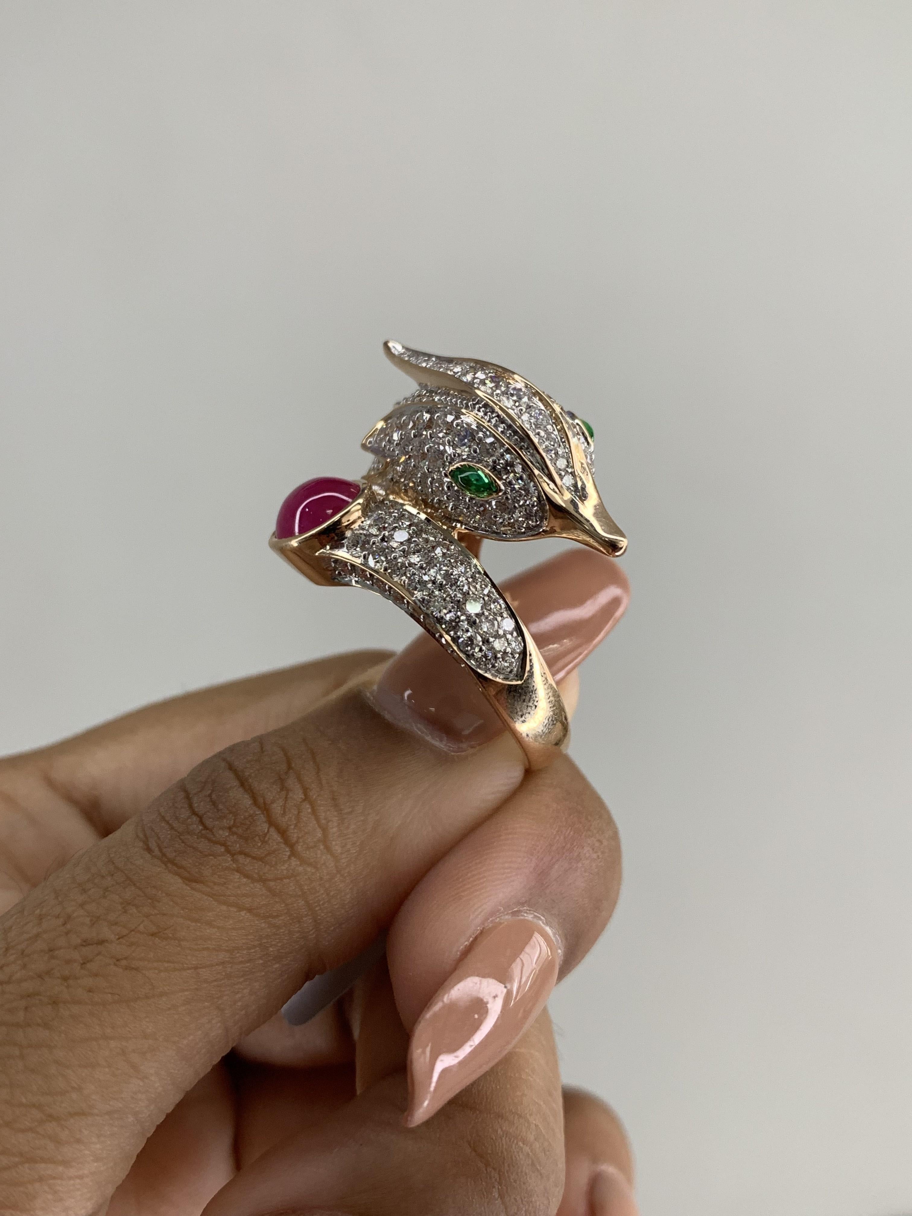 Georgian Peacock Inspired 18K Gold Statement Ring with Diamonds and 1.96 Ct Ruby Cabochon