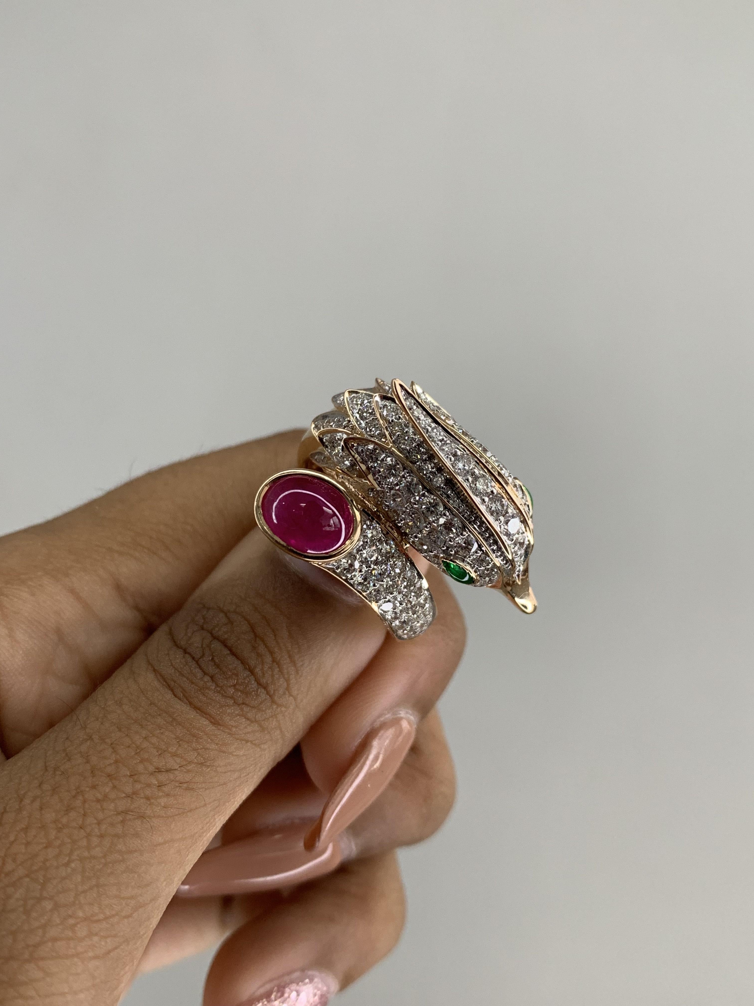 Women's or Men's Peacock Inspired 18K Gold Statement Ring with Diamonds and 1.96 Ct Ruby Cabochon