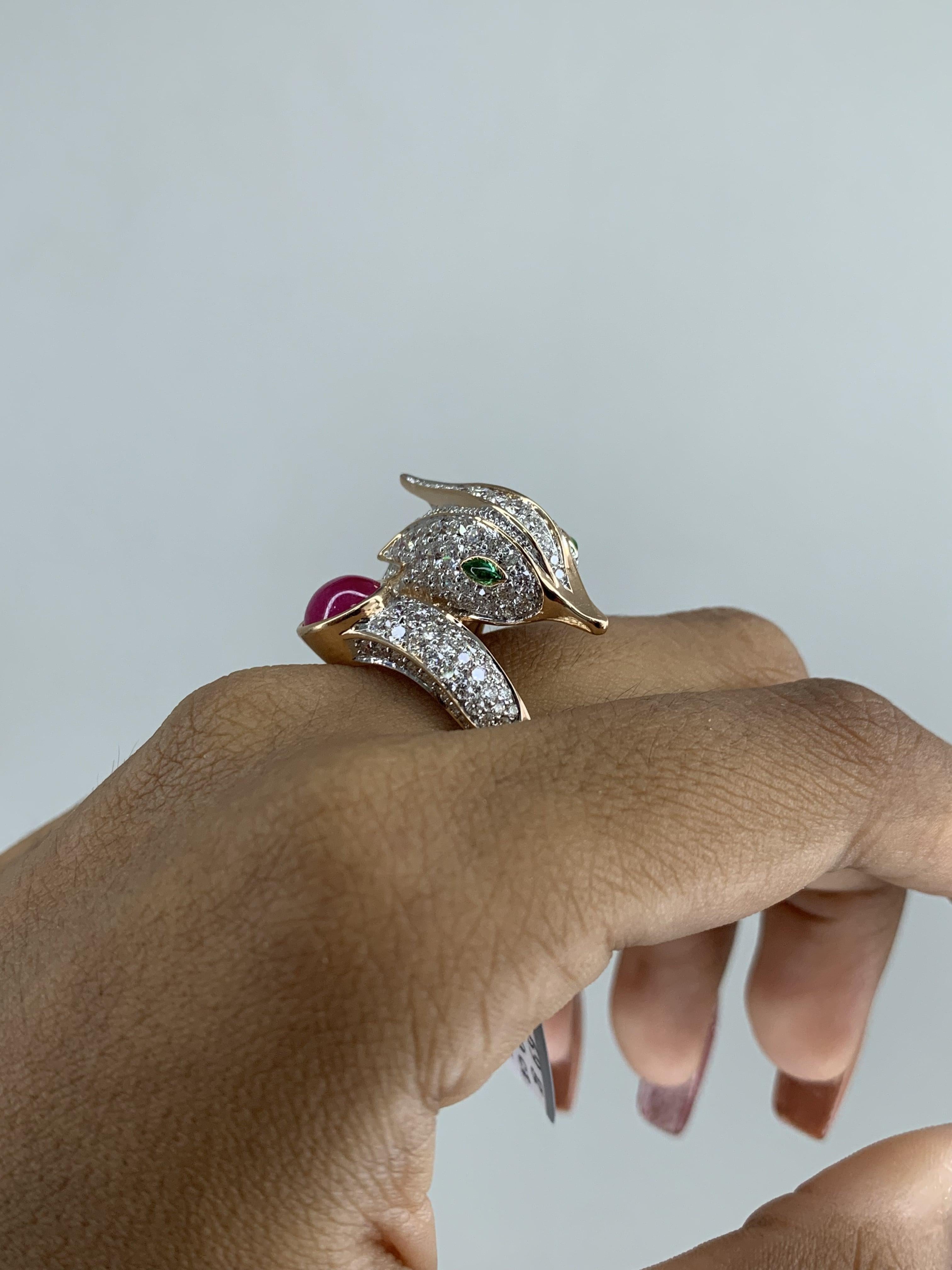 Peacock Inspired 18K Gold Statement Ring with Diamonds and 1.96 Ct Ruby Cabochon 2