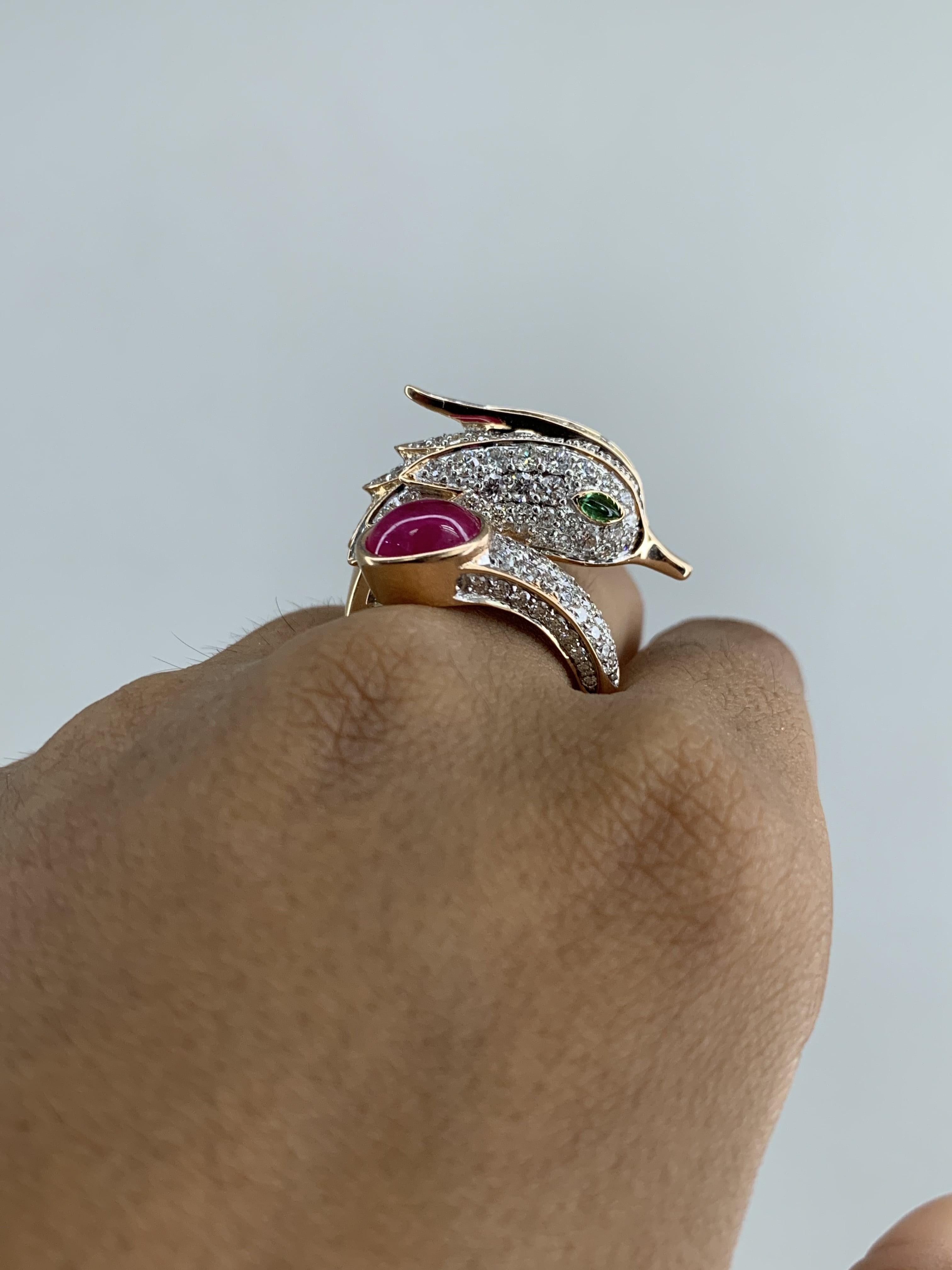 Peacock Inspired 18K Gold Statement Ring with Diamonds and 1.96 Ct Ruby Cabochon 3