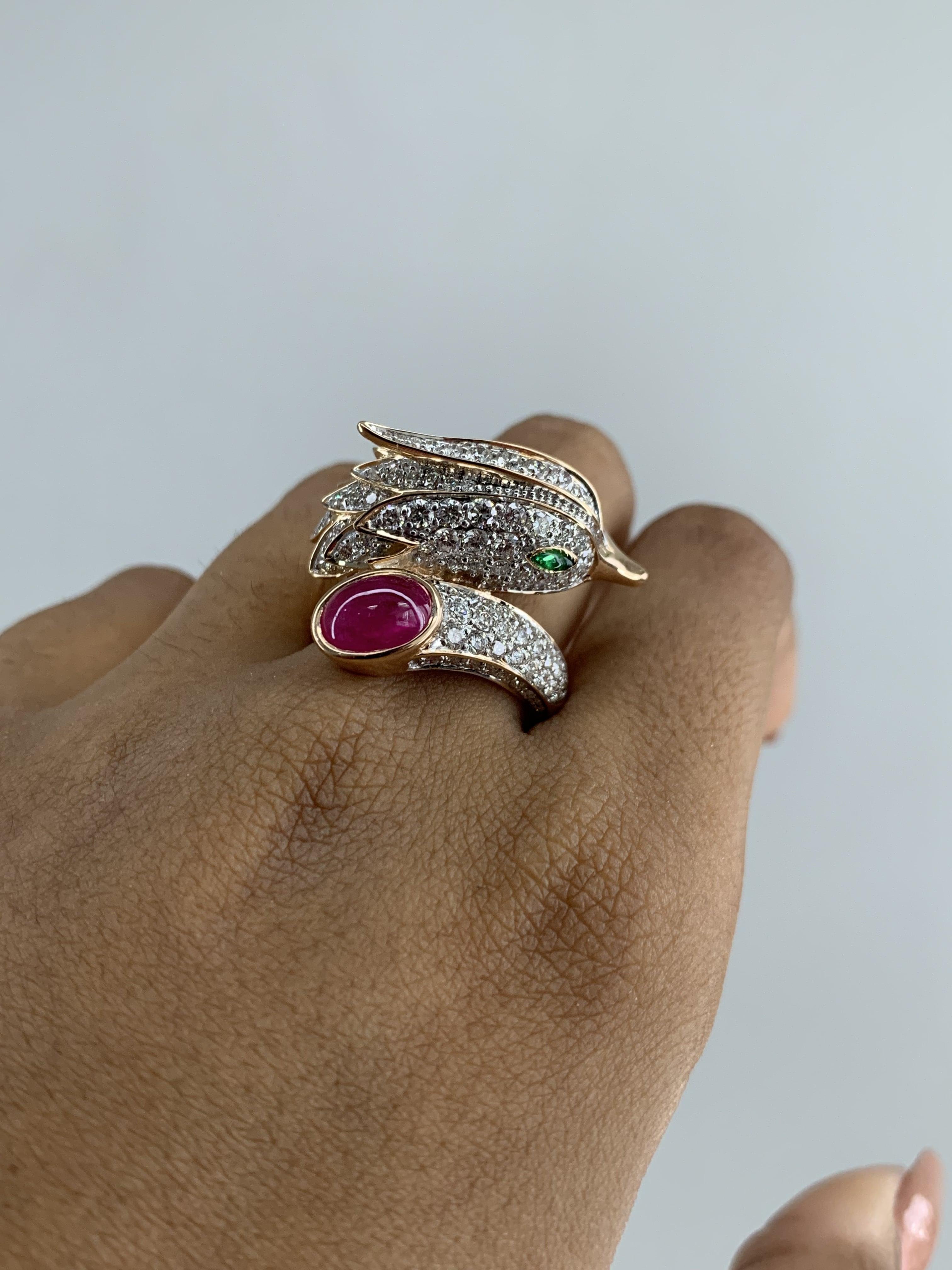 Peacock Inspired 18K Gold Statement Ring with Diamonds and 1.96 Ct Ruby Cabochon 4