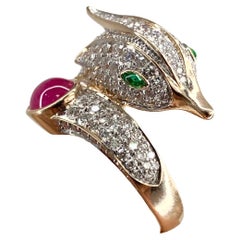 Peacock Inspired 18K Gold Statement Ring with Diamonds and 1.96 Ct Ruby Cabochon