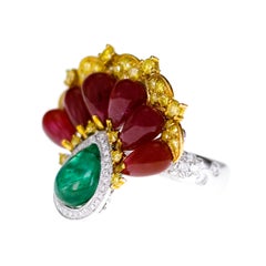 Peacock Inspired Ruby Emerald Vivid Yellow Diamond Antique Ring