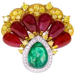 Peacock Inspired Ruby Emerald Vivid Yellow Diamond Antique Ring