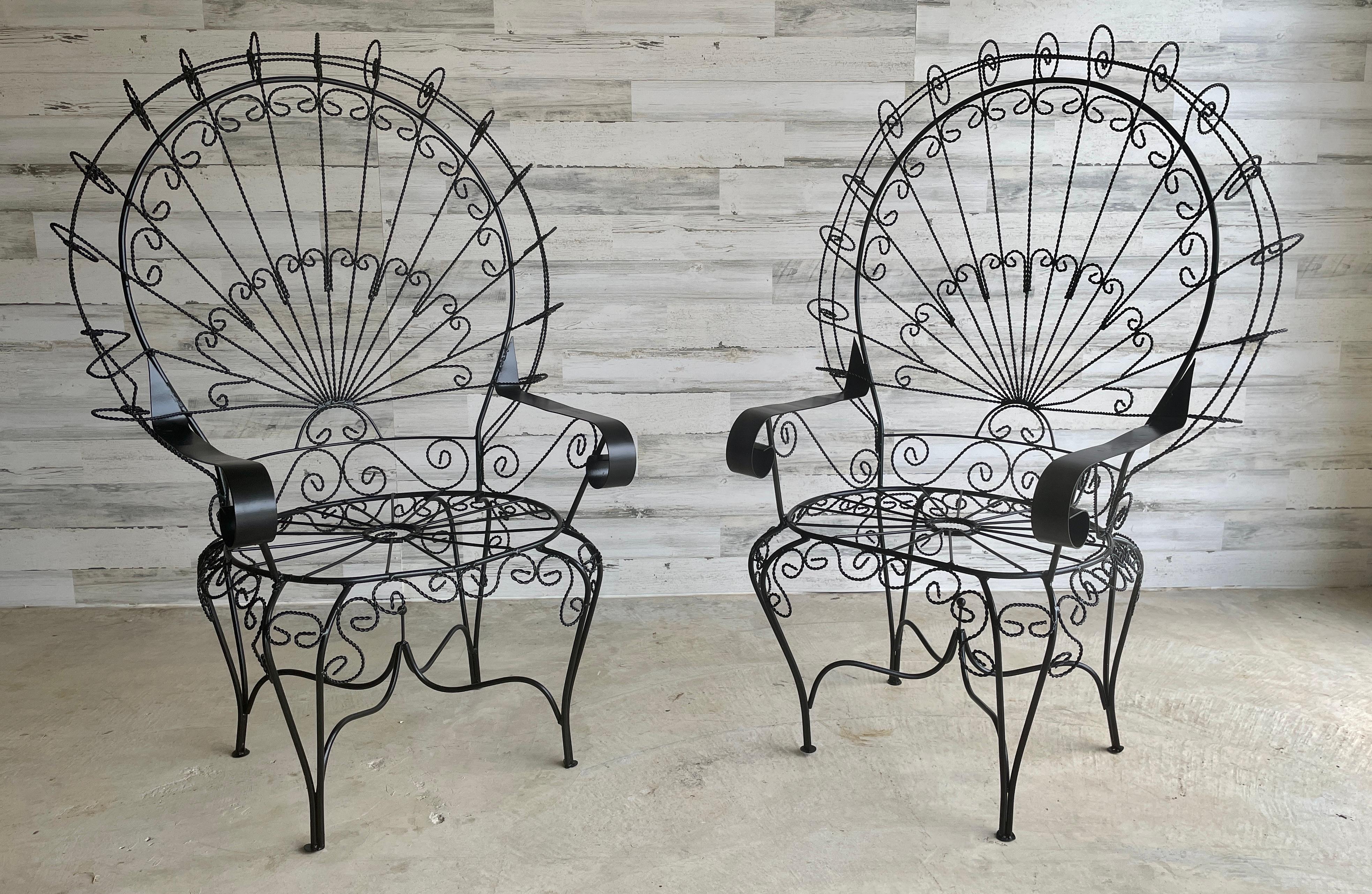 Peacock Patio chairs in the style of Salterini with satin black powder coating.
