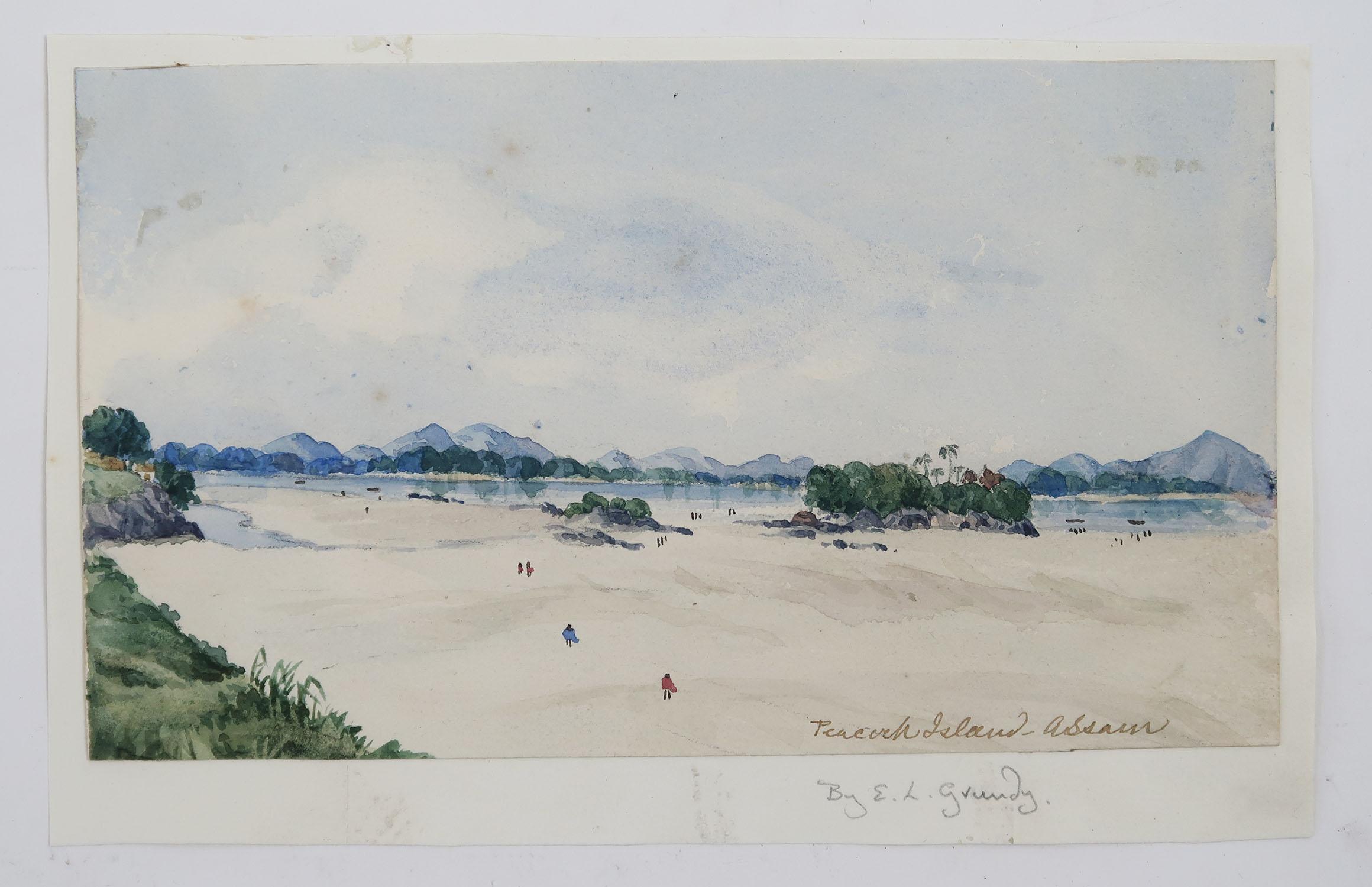 Victorian Peacock Island, Assam, India, Watercolor by Edwin Landseer Grundy, C.1860 For Sale