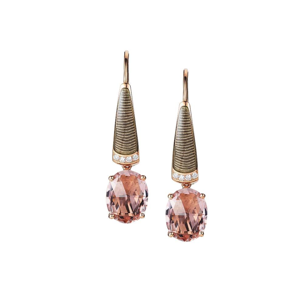 Drop Earrings 18k Rose Gold Grey Enamel 8 Diamonds 0.04 ct 2 Pink Tourmalines For Sale