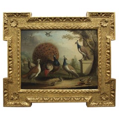 Antique "Peacock & Peahens in Classical Landscape" Painting attr. Marmaduke Cradock