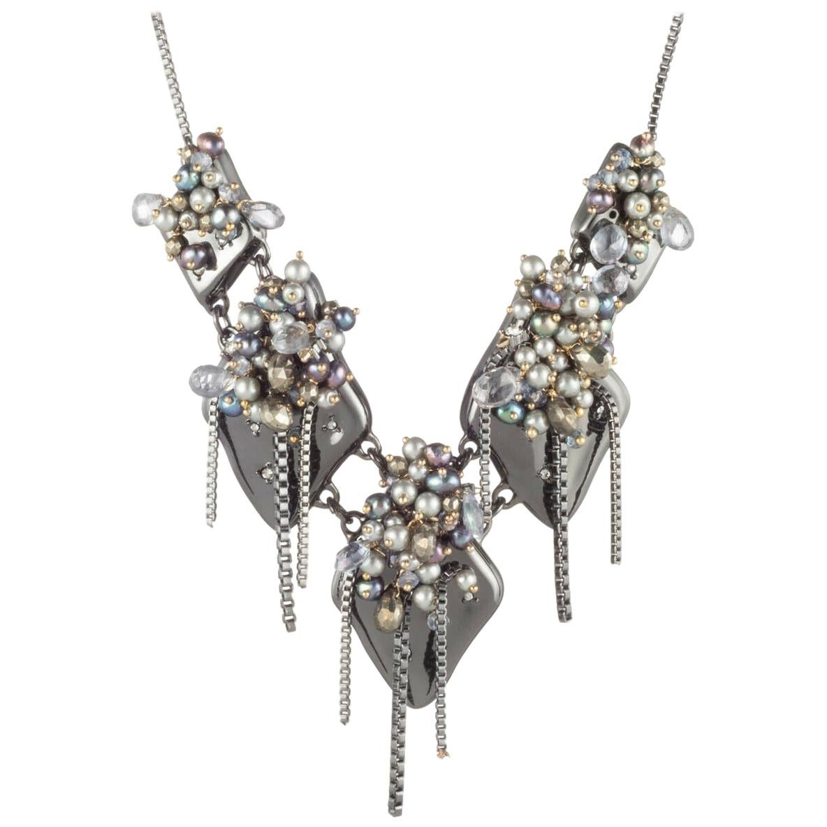 Peacock Pearl Semi-precious Bead Crystal Designer Alexis Bittar Vintage Necklace For Sale