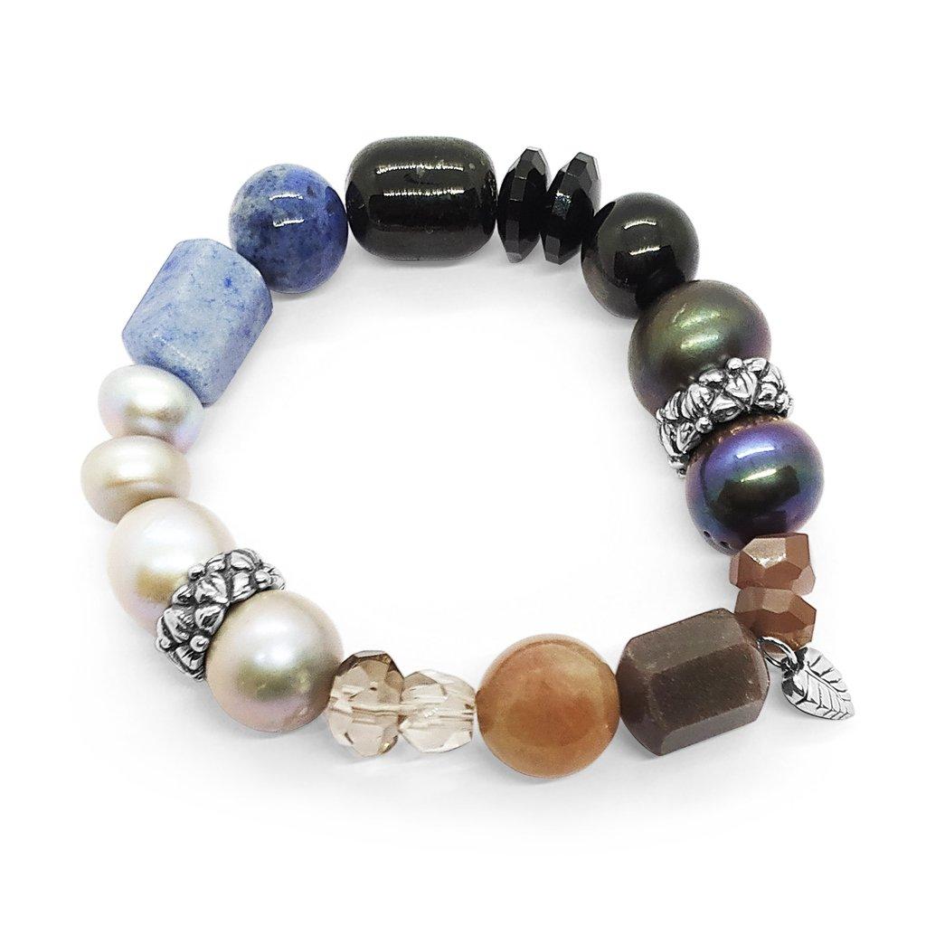 Peacock & Silver Pearls, Lapis, Smoky Qtz, Black Agate, & Moonstone Stretch Bracelet with Sterling Silver Flower Engraved Spacers