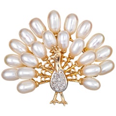 Peacock Pendant Brooch Diamond Freshwater Pearl Feathers 14k Gold Retro Bird