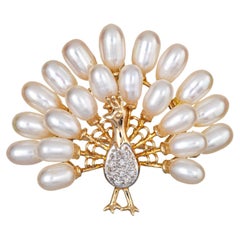 Peacock Pendant Brooch Diamond Freshwater Pearl Feathers 14k Gold Vintage Bird