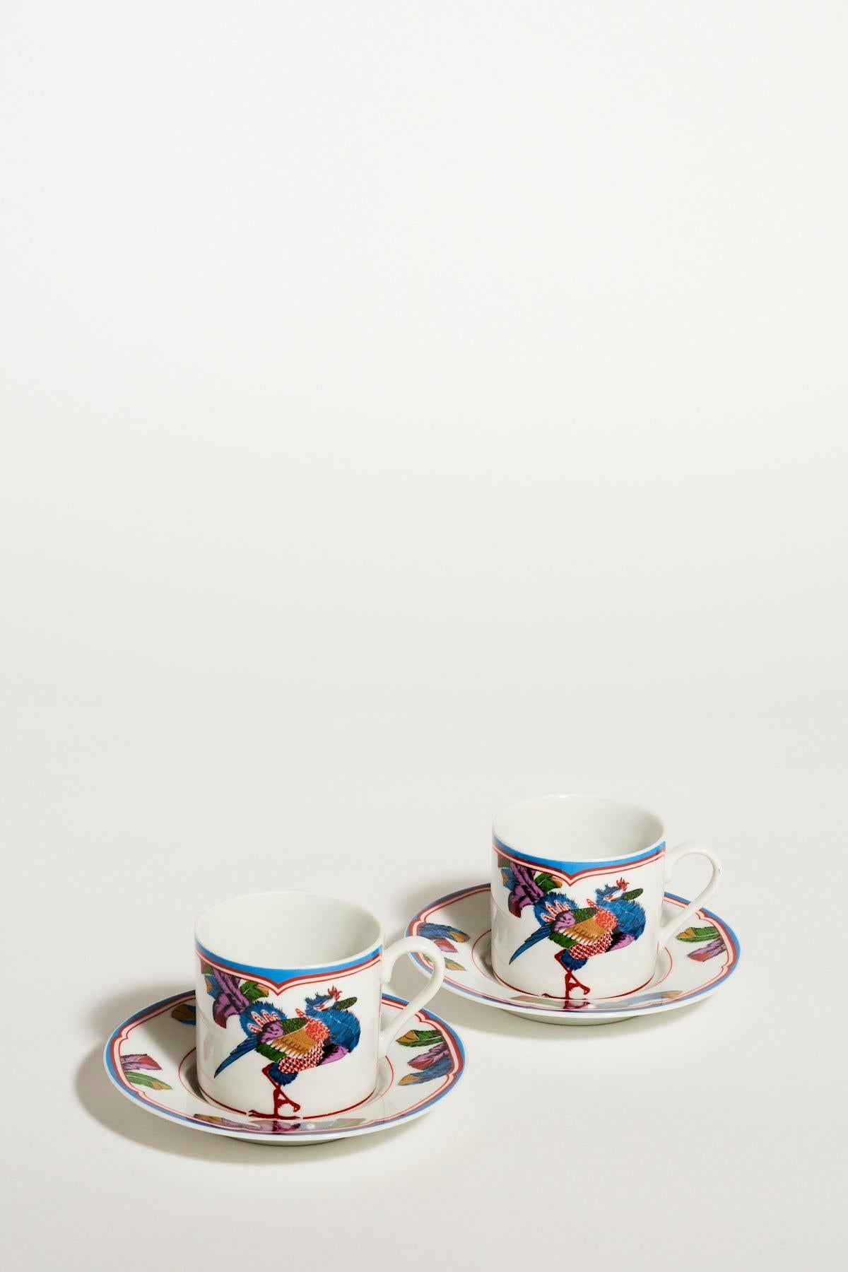 Mid-Century Modern Peacock Porcelain Tea Set of Two For Sale