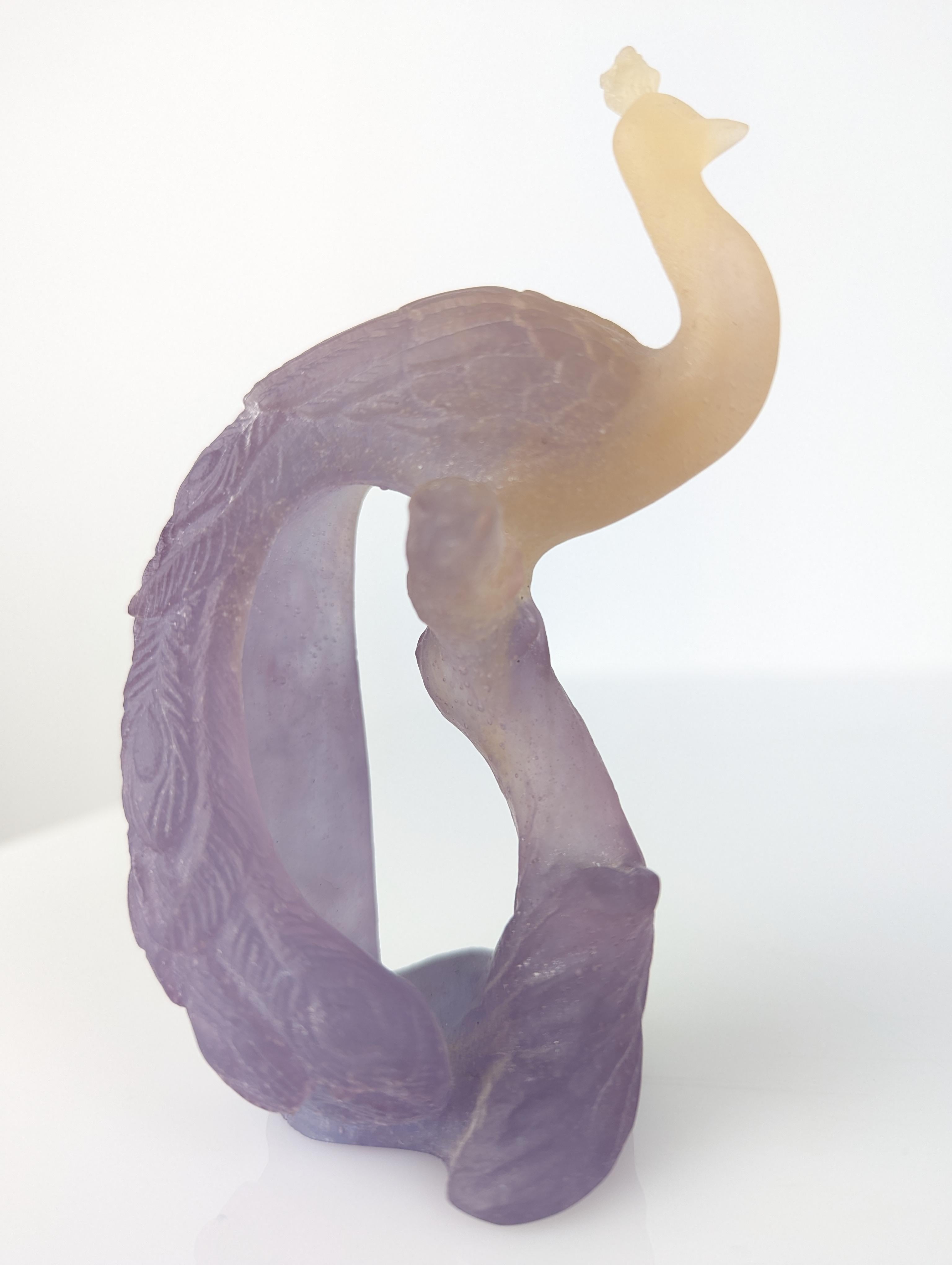 Glass Peacock Sculpture in Pate De Verre by Daum France For Sale