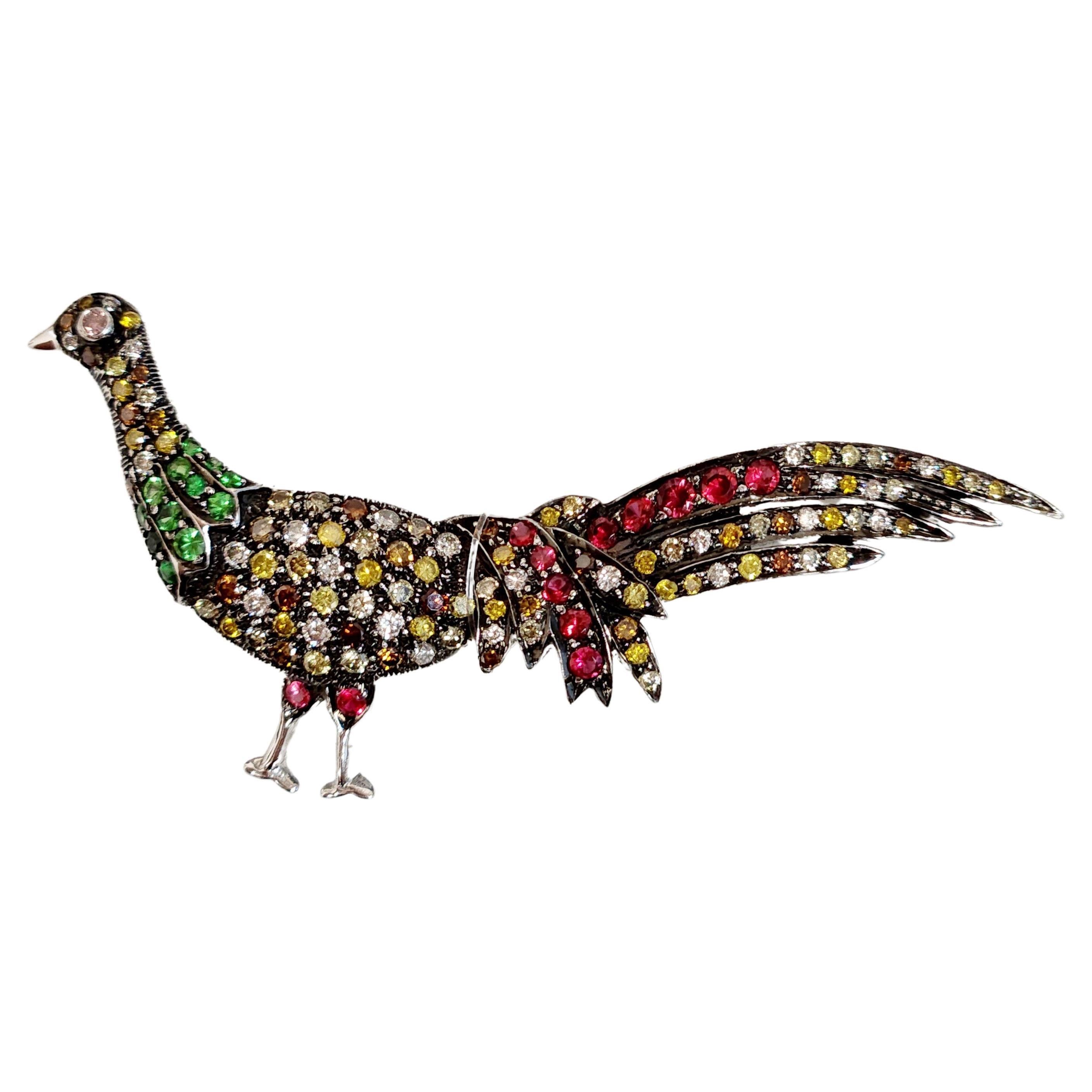 Peacock Shaped Fancy Colored Brooch For Sale