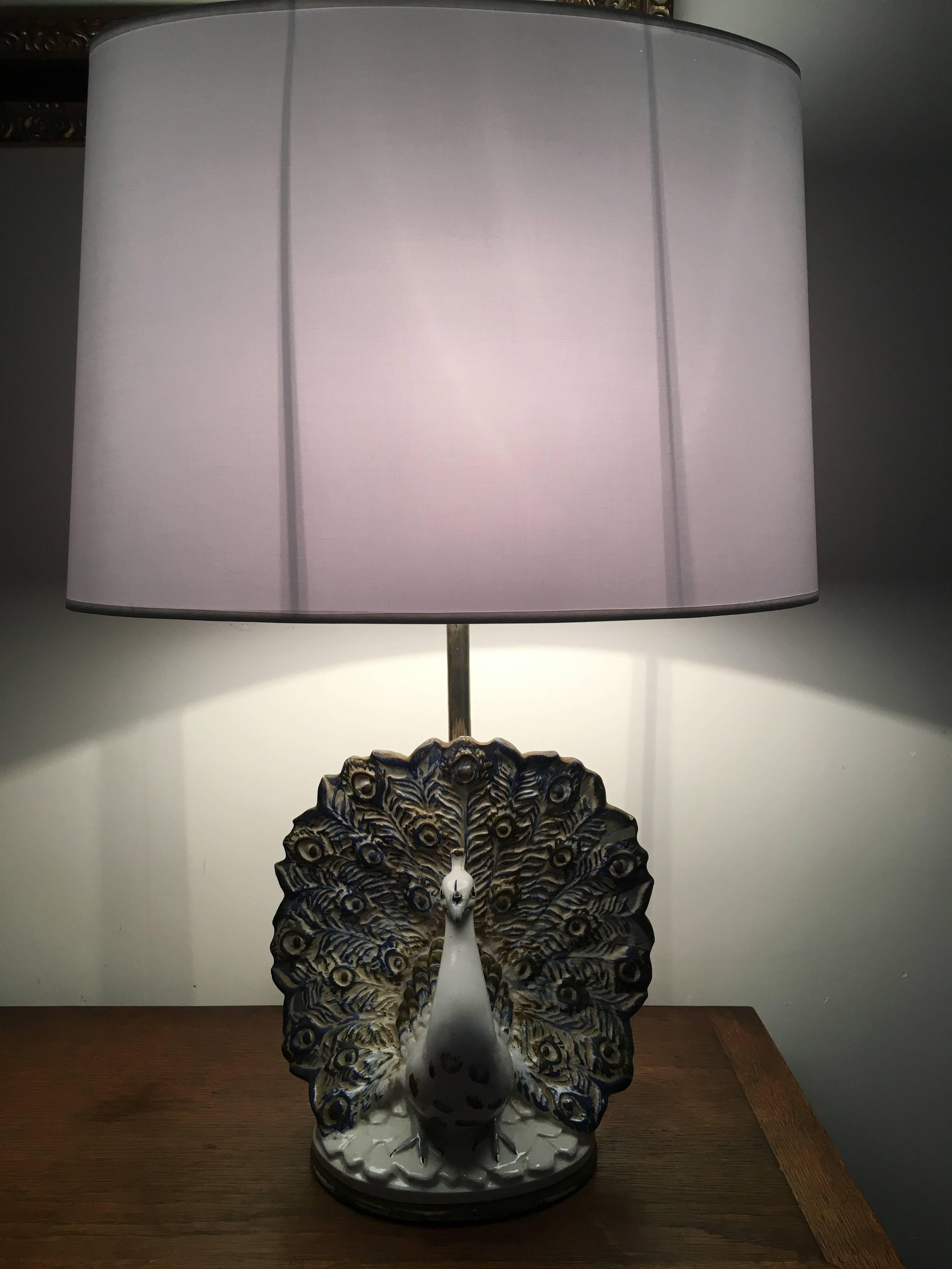French Peacock Table Lamp in Ceramic For Sale