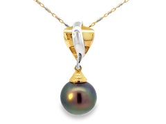 Peacock Tahitian Pearl Two Tone Necklace Solid 14k Gold