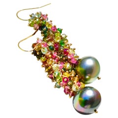 Peacock Tahitian South Sea Pearl Earrings with Tourmalines