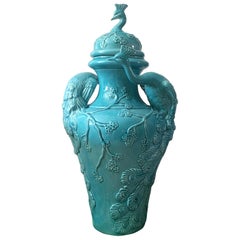 Vase mit Pfauenmotiv aus Keramik, hergestellt in Italien, Türkis