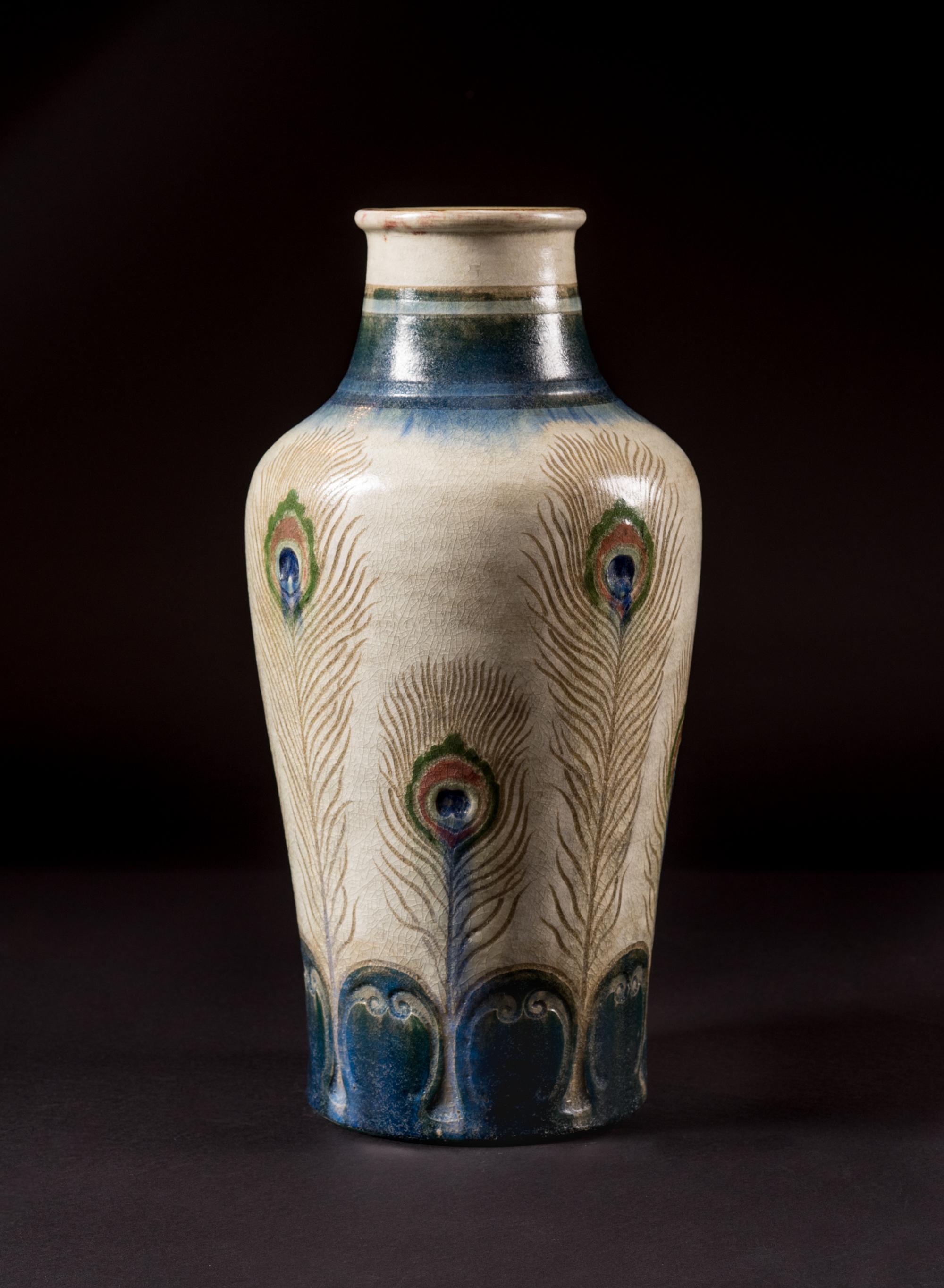 French Art Nouveau Peacock Stoneware Vase by Auguste Delaherche For Sale