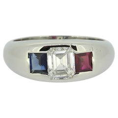 Peacock Vintage Diamond Ruby and Sapphire Three-Stone Ring