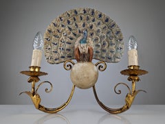 Peacock wall lamp in polychrome wood