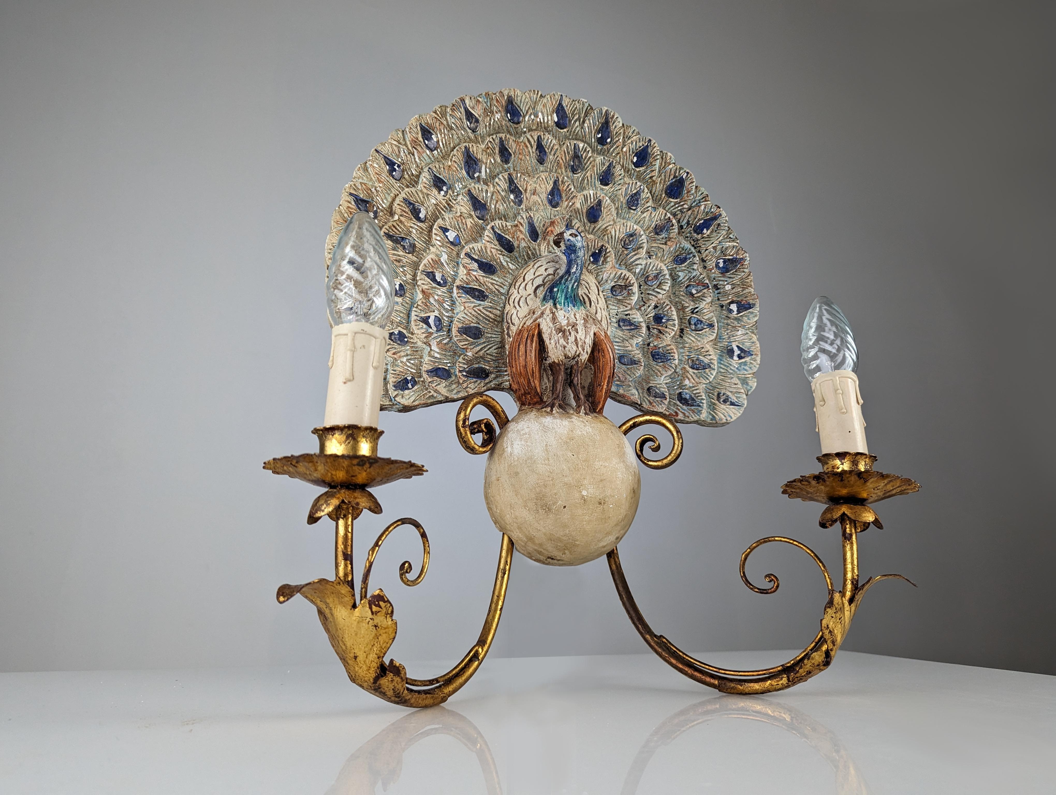 French Peacock wall lamp in polychrome wood