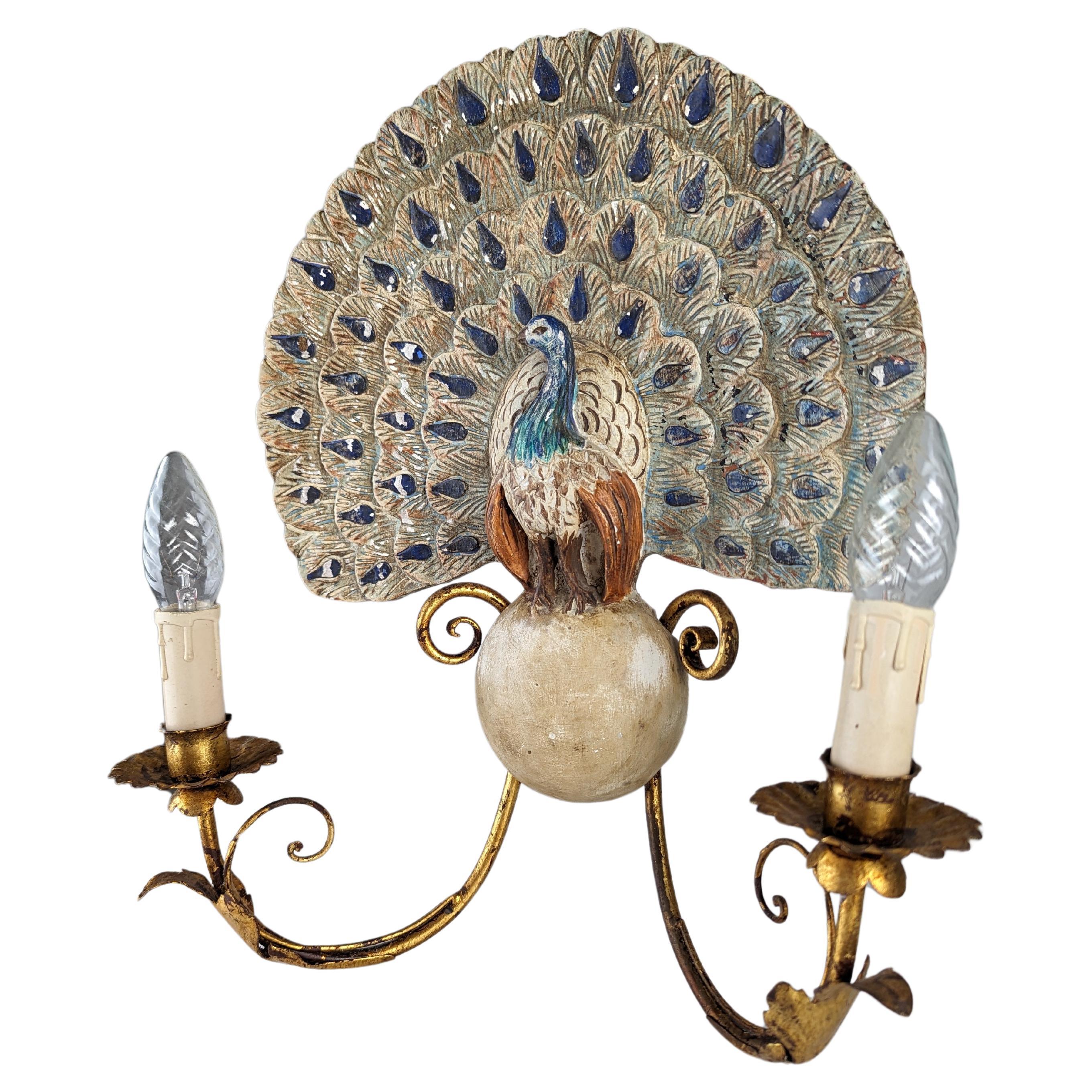 Peacock wall lamp in polychrome wood
