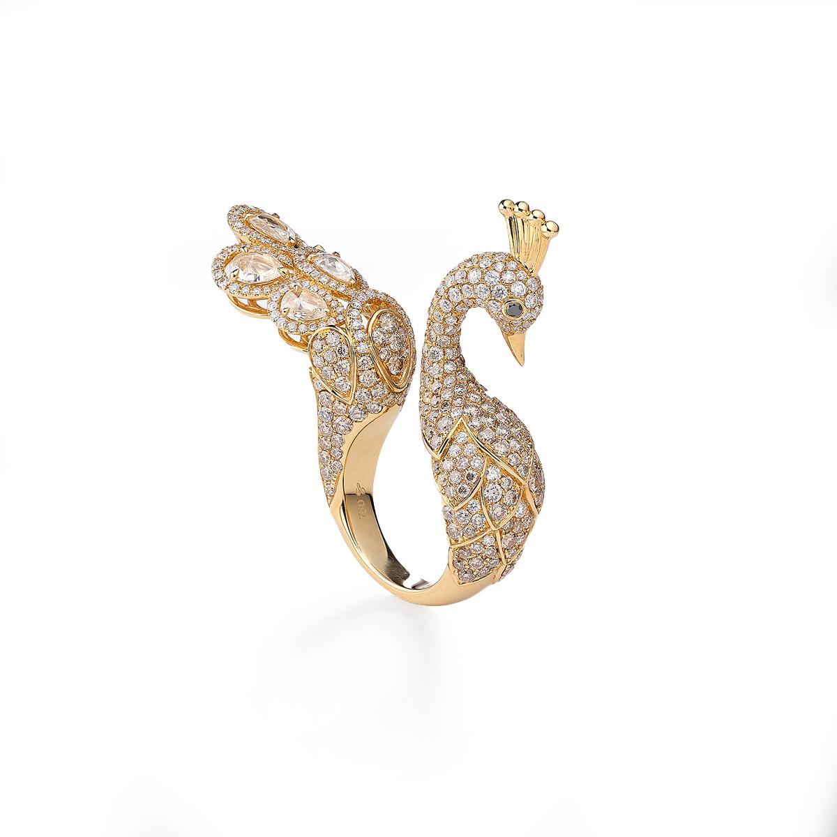 Peacok ring in 18kt yellow gold set with 236 diamonds 1.72 cts, 6 rose cut  pear-shaped diamonds 1.07 cts, 201 brown diamonds 3.05 cts, and 2 black diamonds 0.03 cts Size 54               