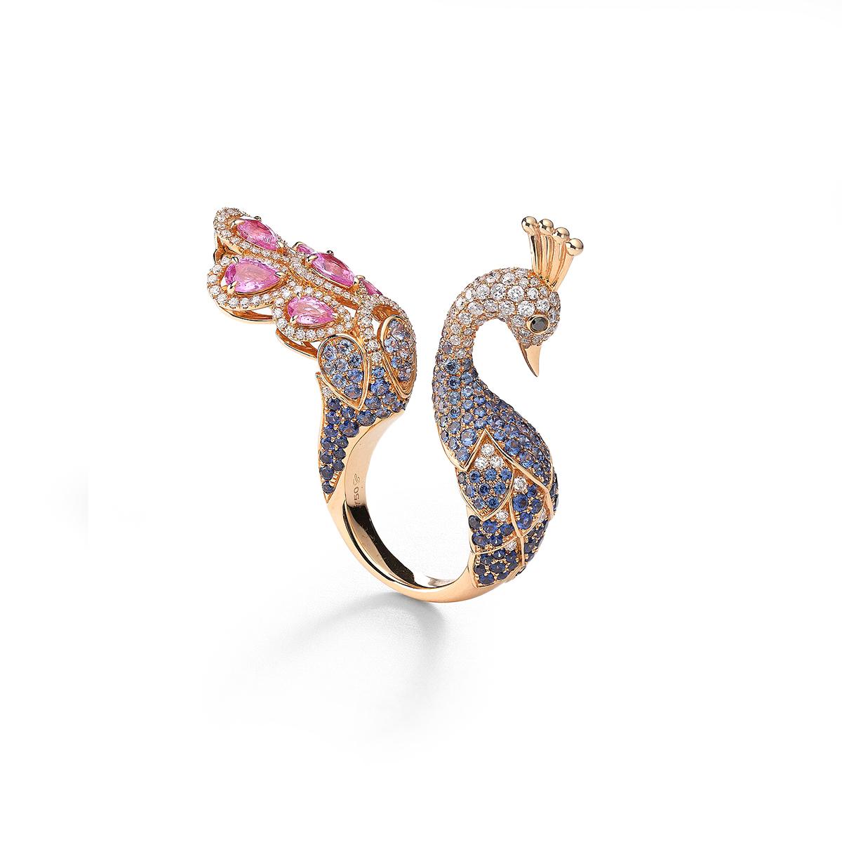 Peacok ring in 18kt pink gold set with 236 diamonds 1.69 cts, 6 pink pear-shaped sapphires 2.37 cts, 201 blue sapphires 3.39 cts and 2 black diamonds 0.04 cts Size 54   