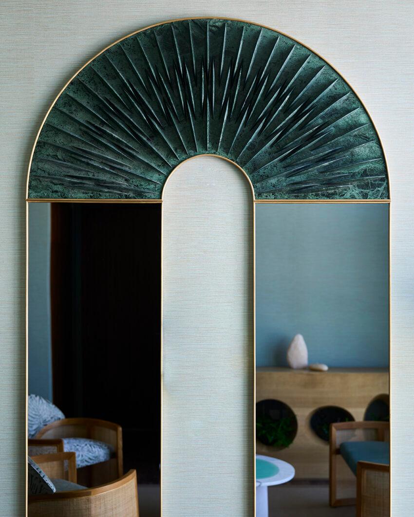 Peafowl Wall Mounted Mirror by Carla Baz
Dimensions: D 7,5 X D 150 X H 275 cm.
Materials: Brushed brass and Guatemala Verde marble.
Weight: 170 kg.

Entirely handcrafted in solid marble with brushed brass frame. Made in Lebanon. Please contact