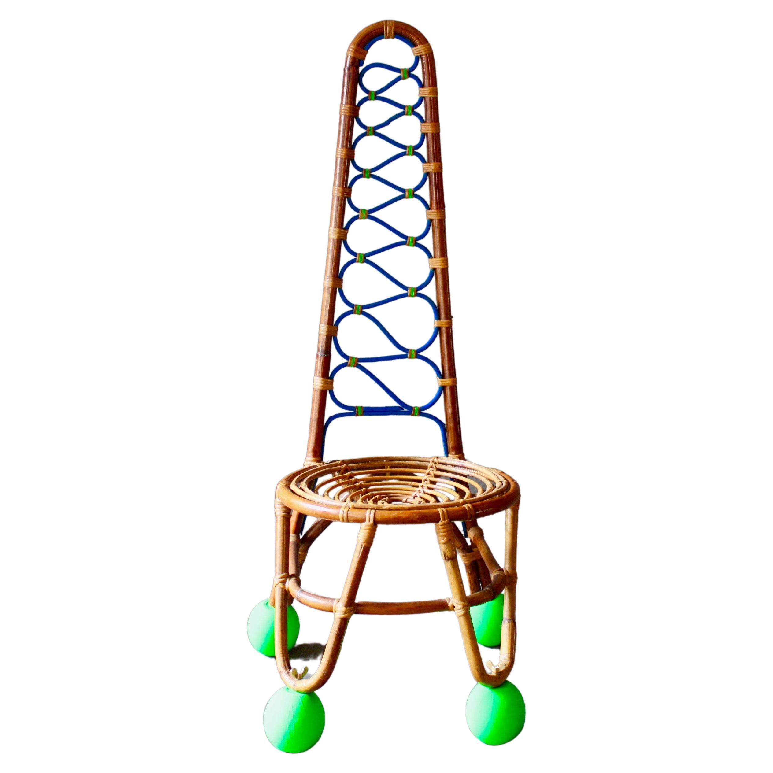 This 1940's Rattan chair has been creativly revisited by Staab by adding strong colors and vintage wood bases to give the piece its contemporary feeling.
Through my work I transform each chair into a unique and individual object. Chairs that once