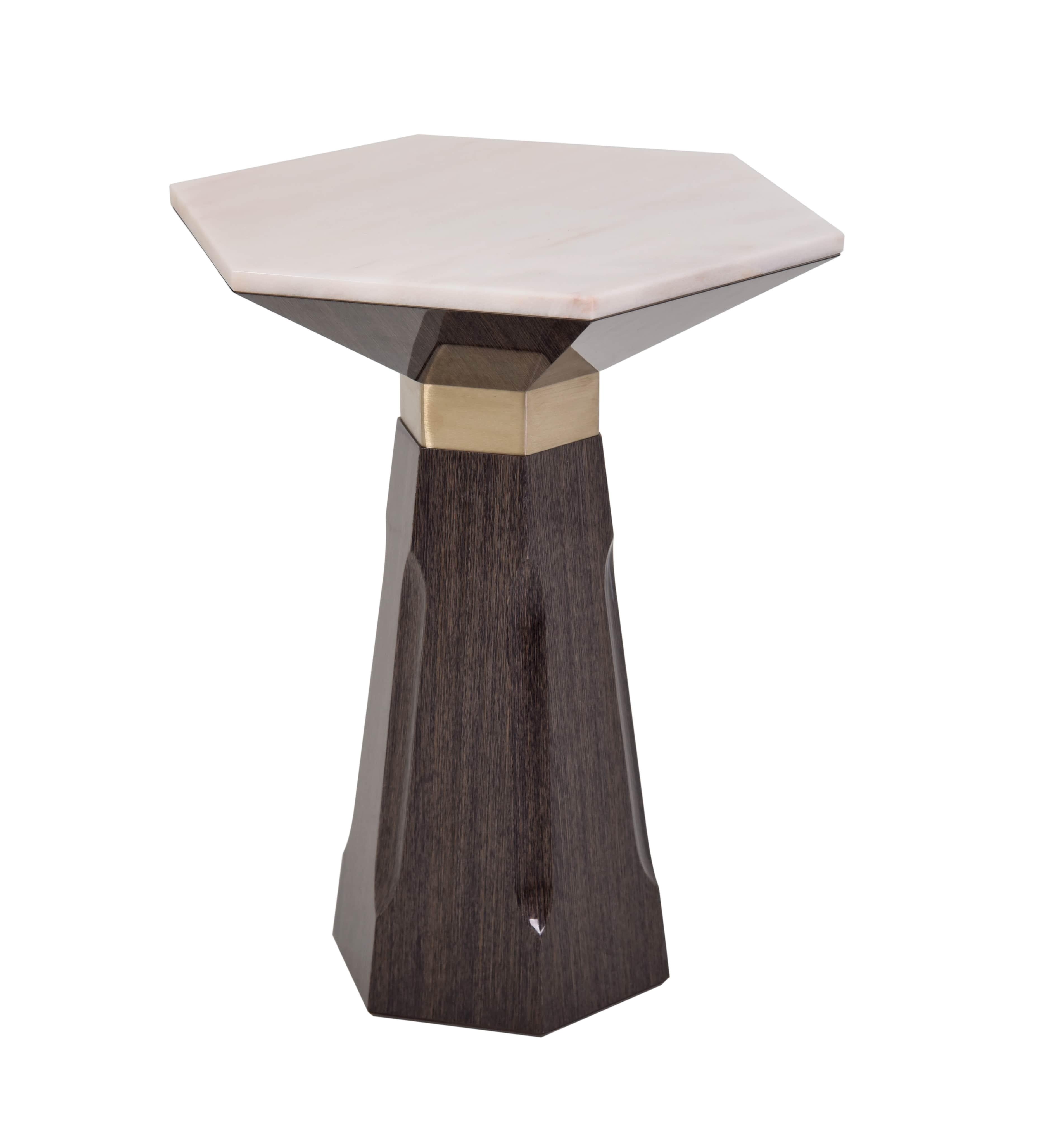 Portuguese Peak Side Table With Oak structure, Marble Top and Smoke Brass Details For Sale