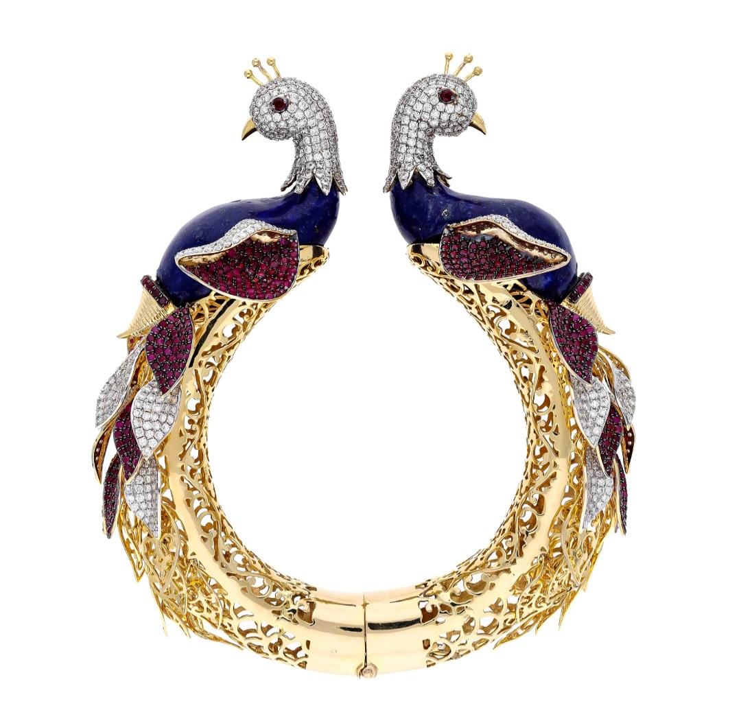 Bracelet Peakock en or 14 carats avec diamants naturels et rubis Pour femmes en vente
