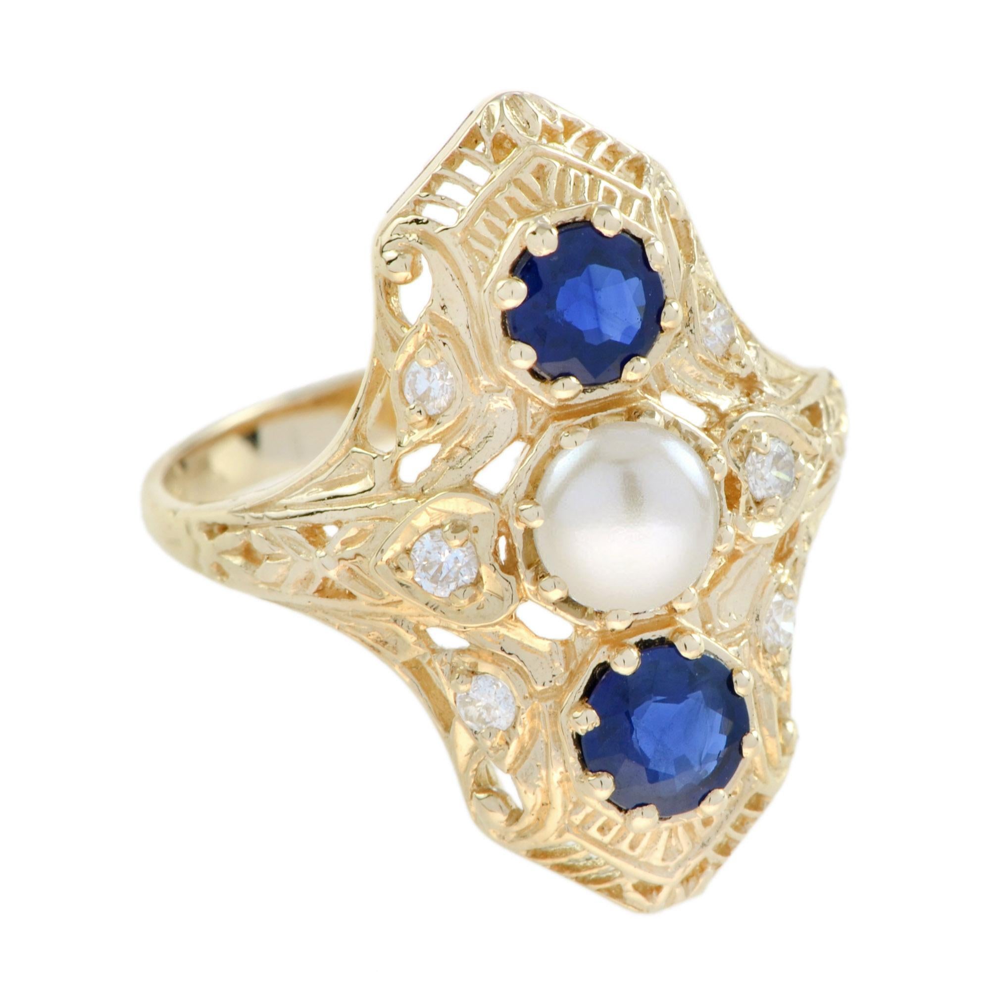 Art déco Bague filigrane de style ancien à trois pierres en or 9 carats, saphir bleu, diamant en vente