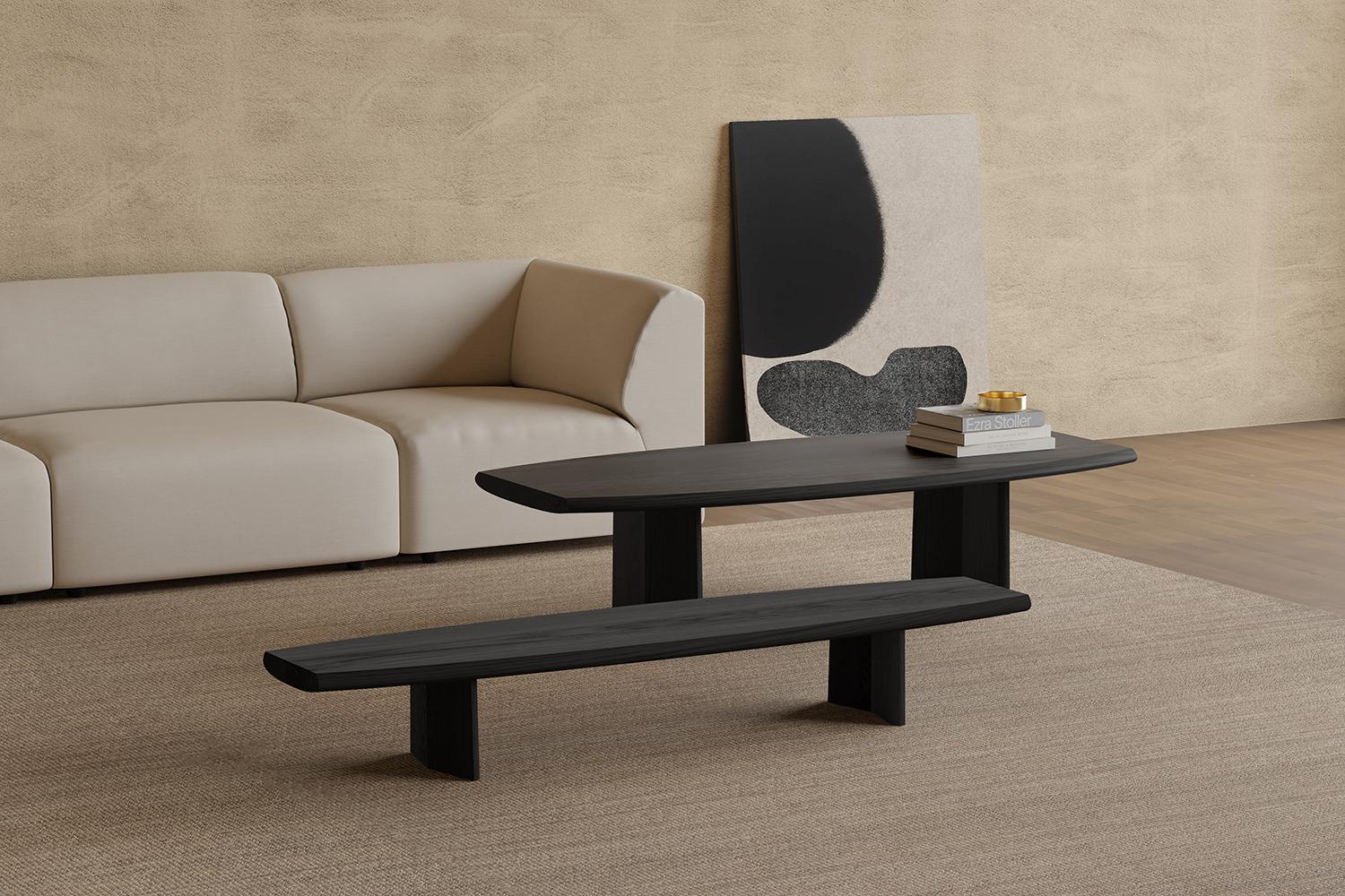 Mexican Peana Low Coffee Table, Bench in Black Tinted Wood Finish by Joel Escalona For Sale