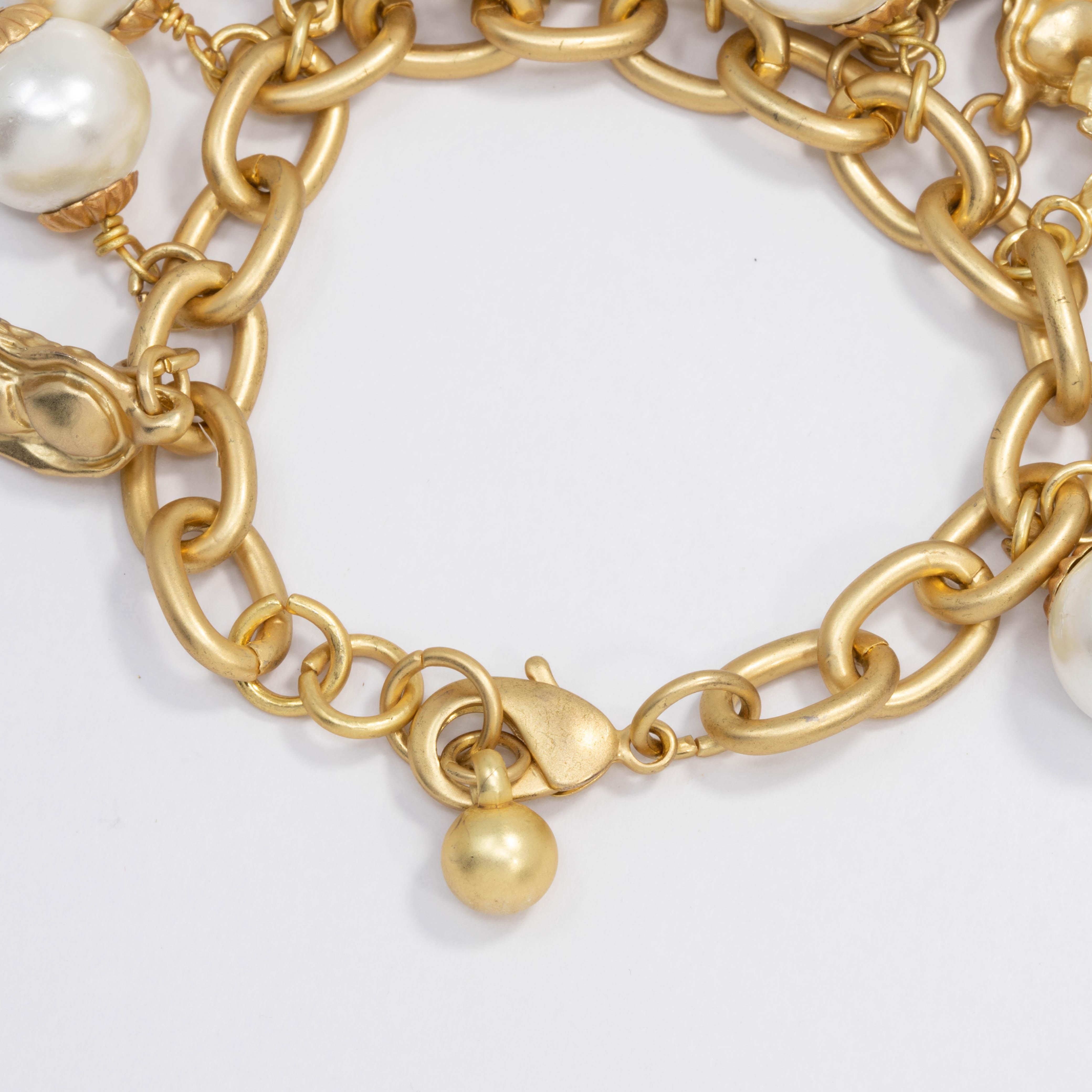 Women's or Men's Peanut, Flower, and Faux Pearl Charm Chain Bracelet in Gold, Mid to Late 1900s