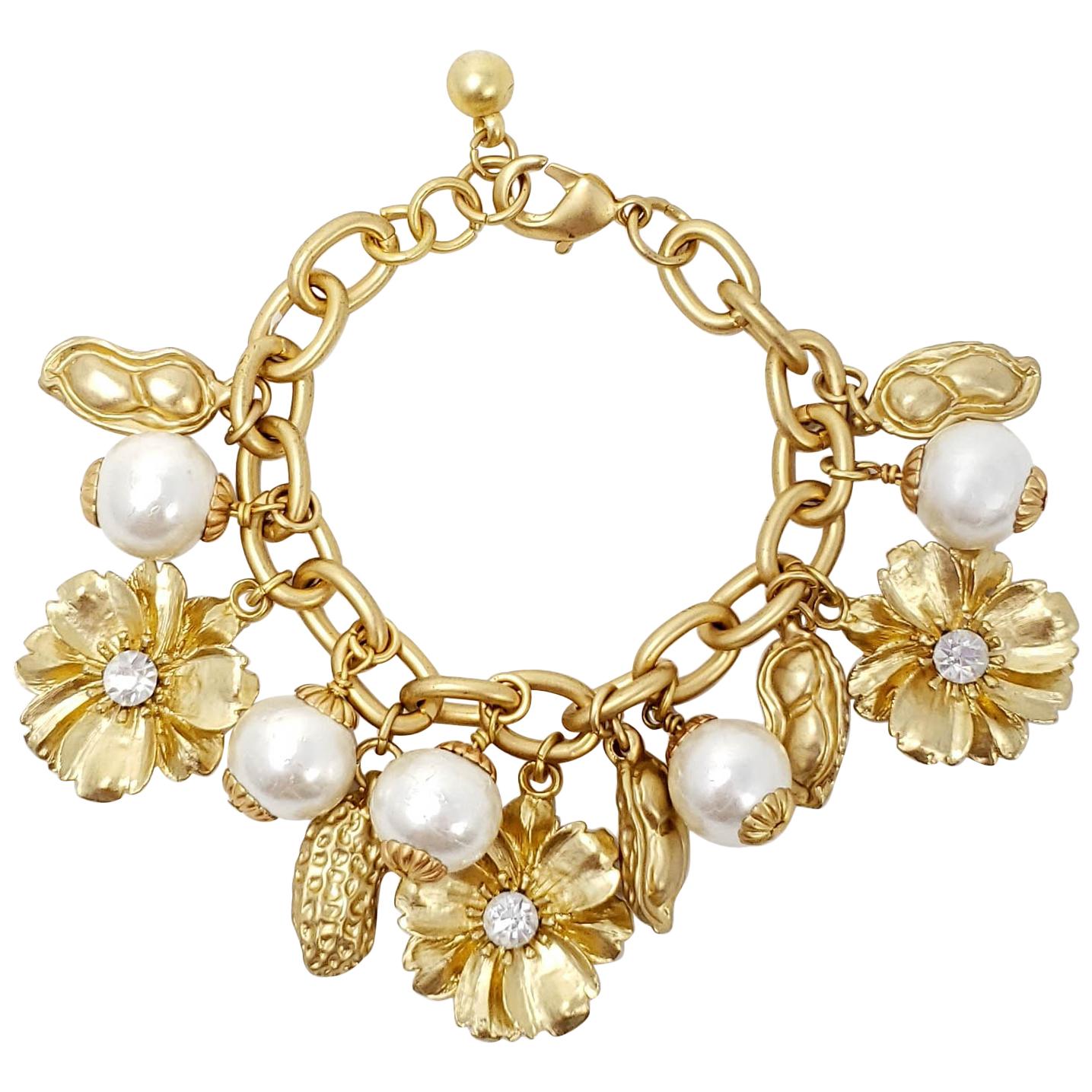 Peanut, Flower, and Faux Pearl Charm Chain Bracelet in Gold, Mid to Late 1900s