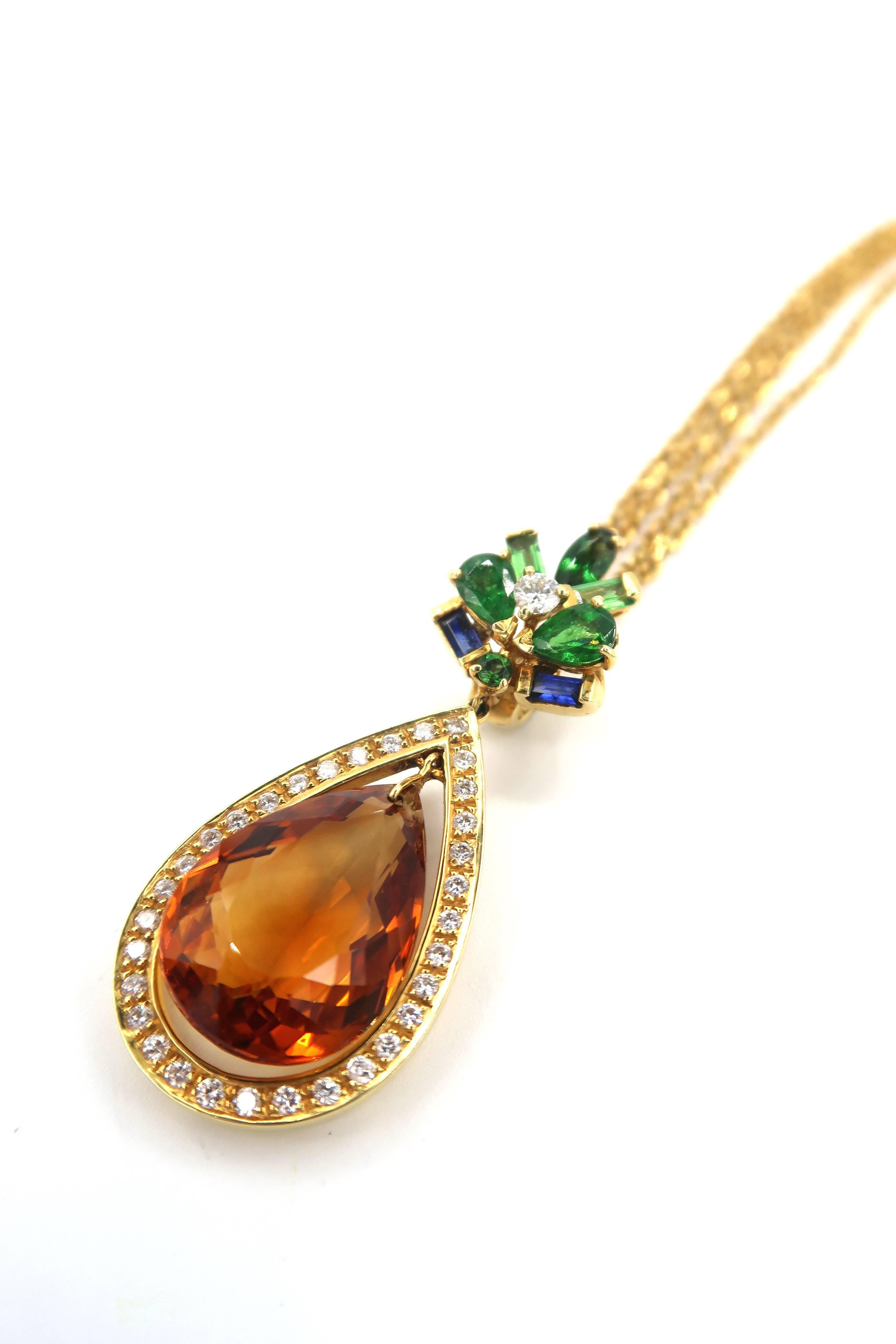 Women's Pear 16.72 Carat Citrine Diamond Peridot Tsavorite Sapphire Gold Pendant Chain