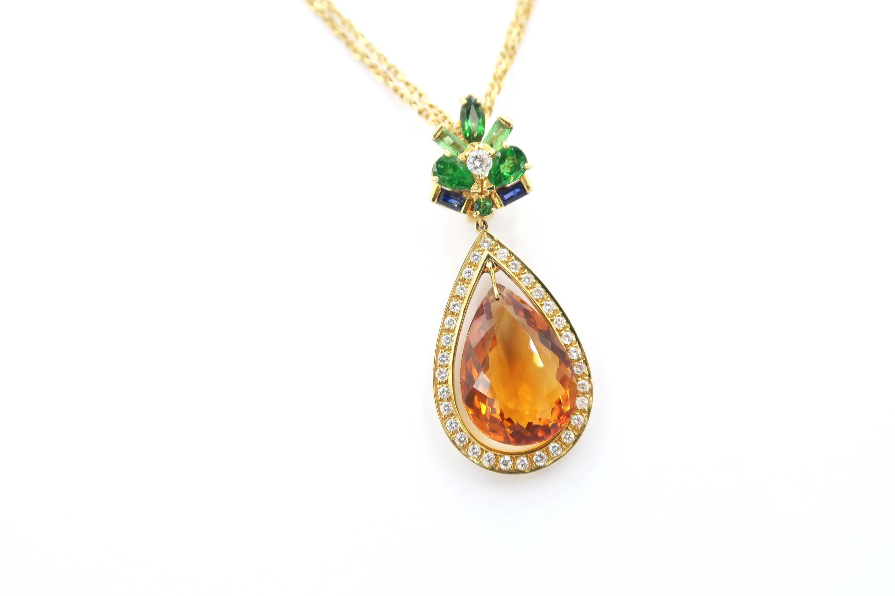 Pear Cut Pear 16.72 Carat Citrine Diamond Peridot Tsavorite Sapphire Gold Pendant Chain