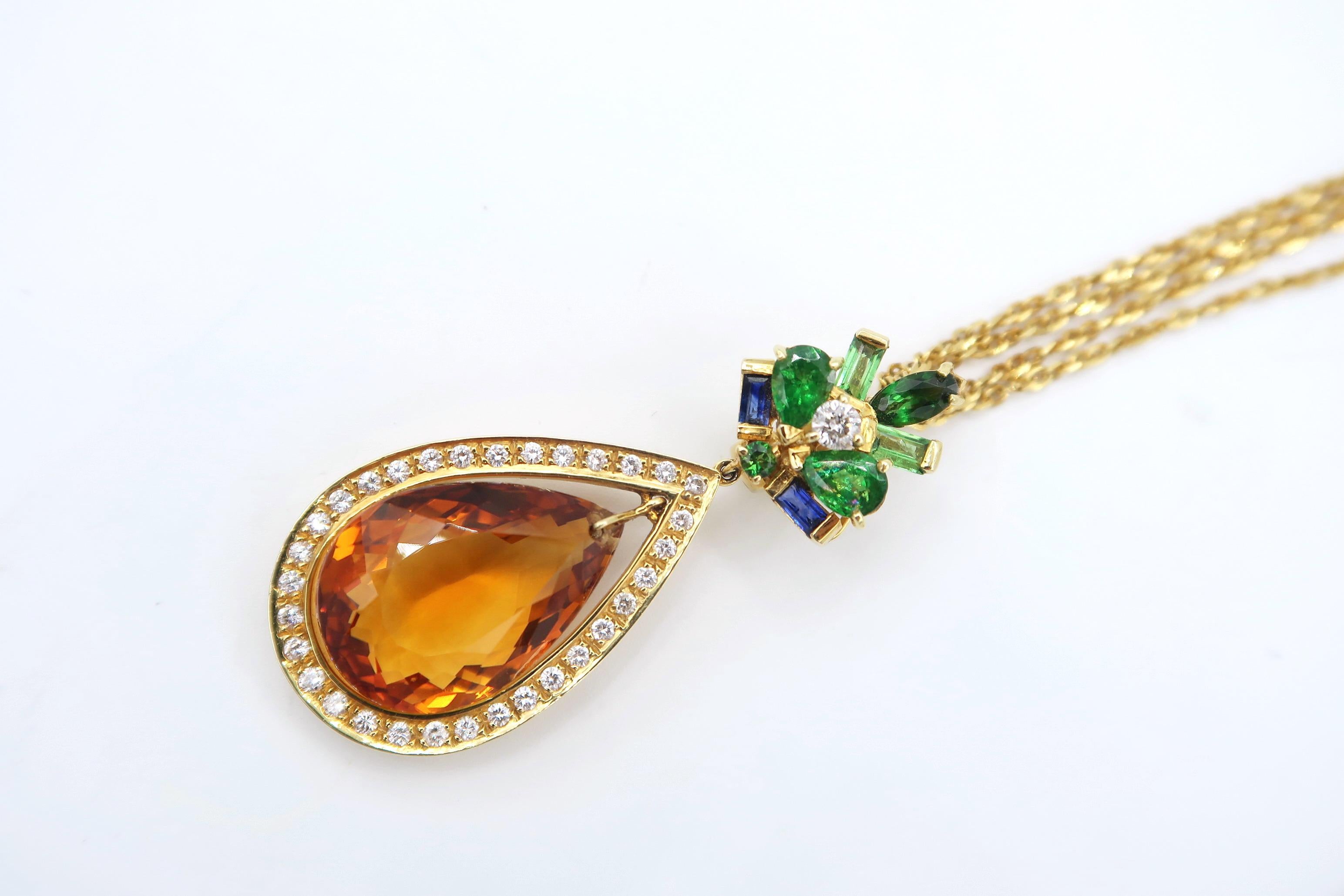 Pear 16.72 Carat Citrine Diamond Peridot Tsavorite Sapphire Gold Pendant Chain In New Condition In Bangkok, TH