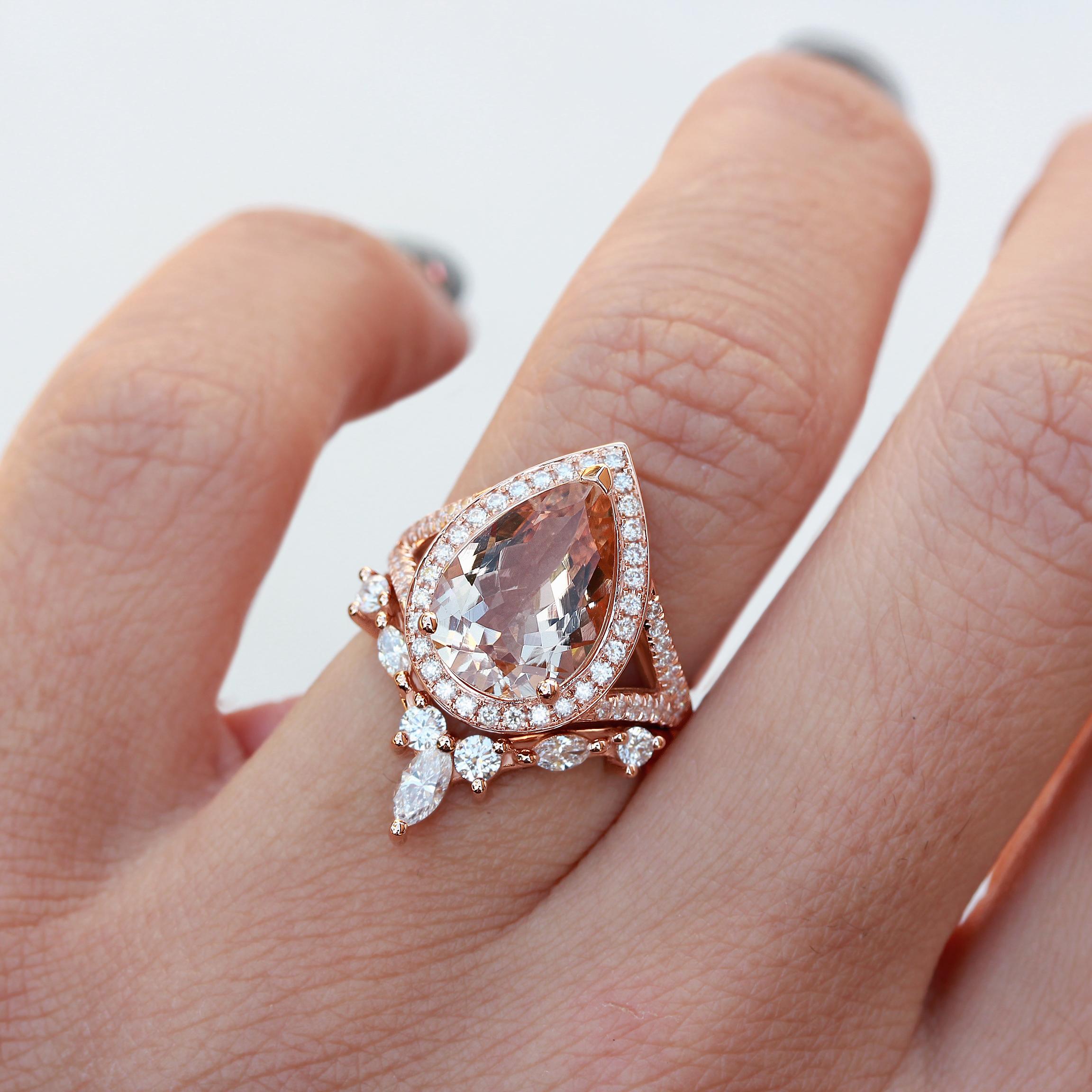 Beautiful pear-shaped 3.0ct morganite and diamonds two rings engagement set - Nia cocktail.
Perfect as a bridal ring set, cocktail ring, or statement ring.
The list is for a two ring set.
Handmade with care. 
An original design by Silly Shiny