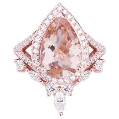 Pear 3.0ct big Morganite & Diamond Halo Bridal Two Ring Set, Nia Cocktail