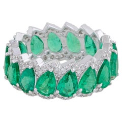 Pear 5.85ct Emerald Eternity 0.85ct Diamond Accents 18k White Gold Band Ring
